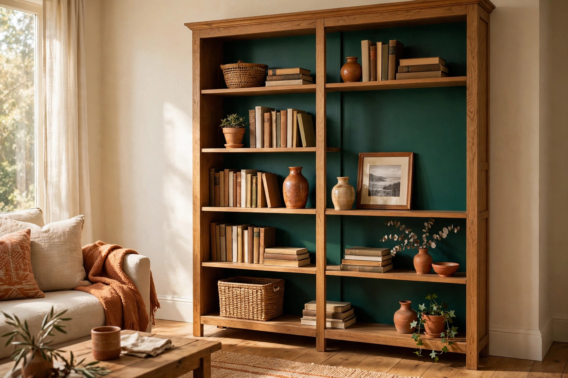 Wooden bookcase with a deep emerald-green painted back panel and styled shelves