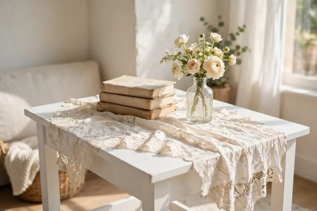White side table with a thrifted vintage lace runner, old books, and cream flowers
