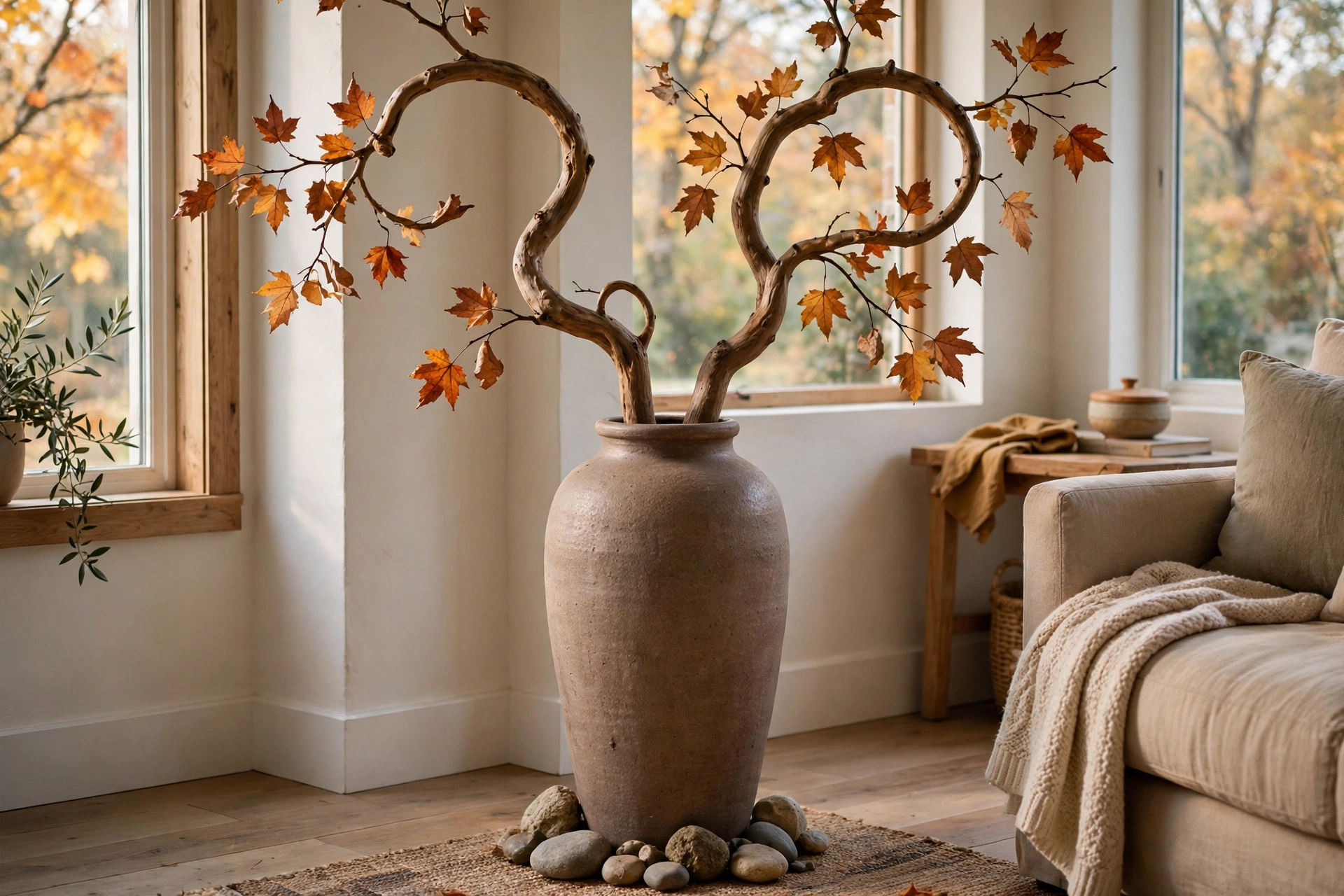 Sculptural yard branches with autumn leaves arranged in a tall heavy vase