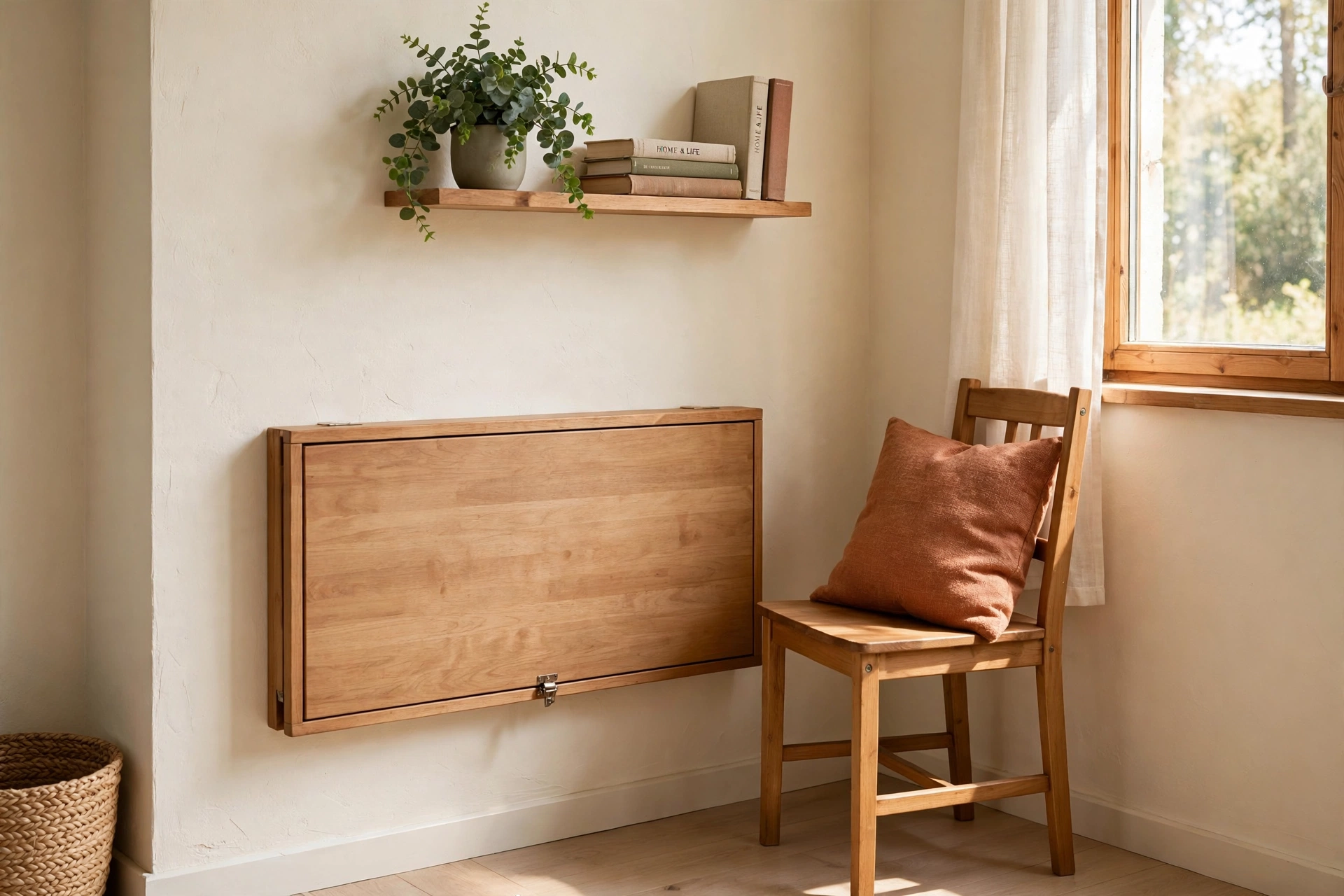 Wall-mounted fold-down desk closed flat against the wall with a dining chair beside it