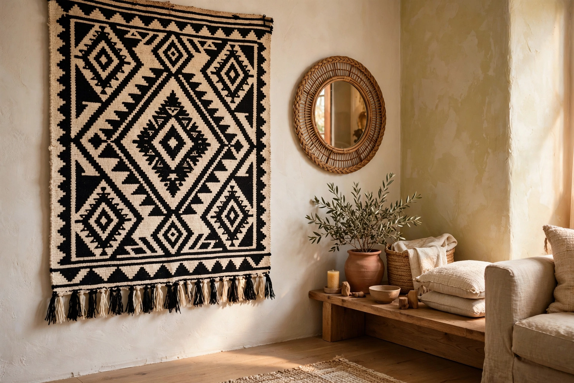 Woven wall hanging with a bold berbere tribal motif beside a round rattan mirror