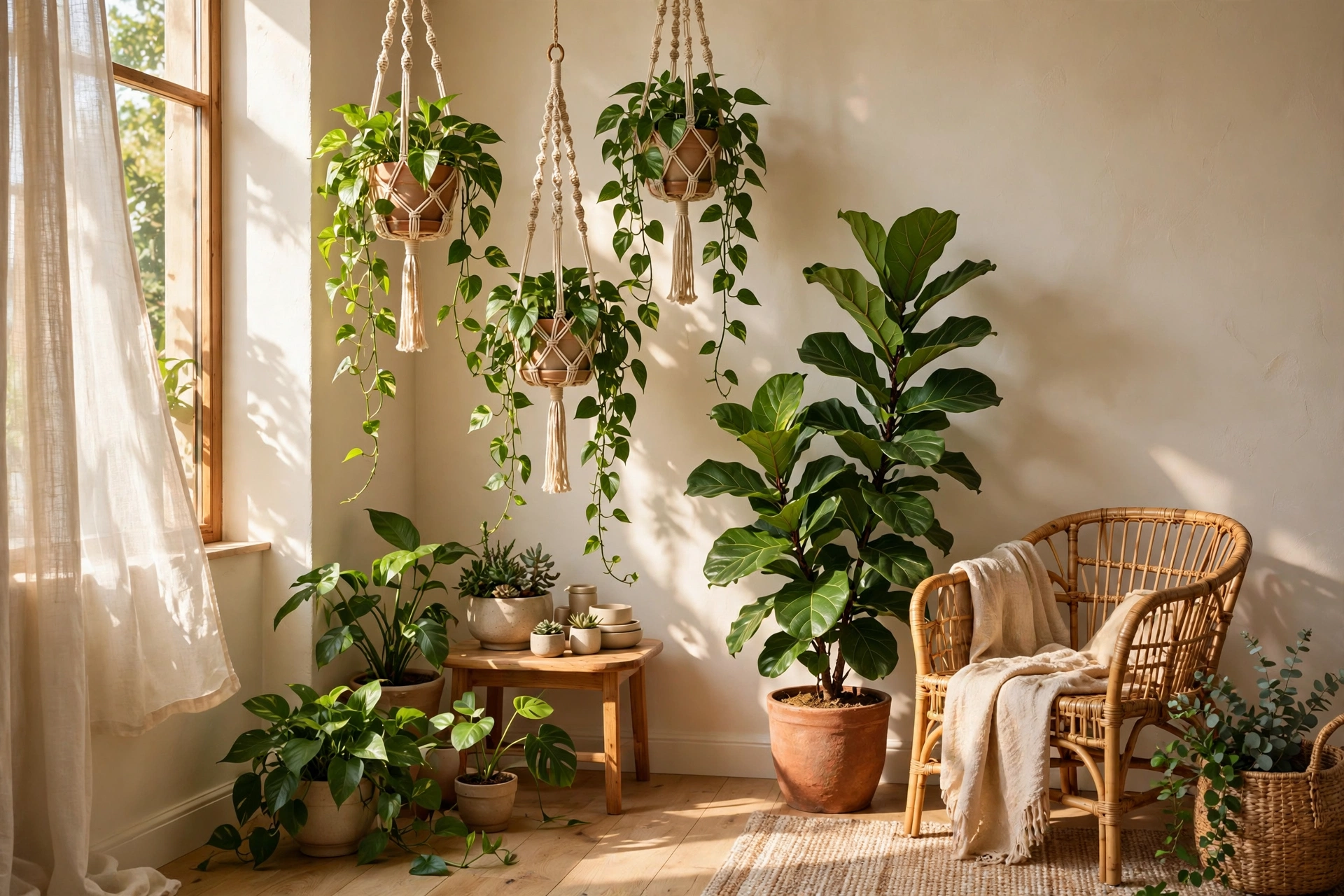 Bright room corner with hanging planters, large leafy plants and rattan chair