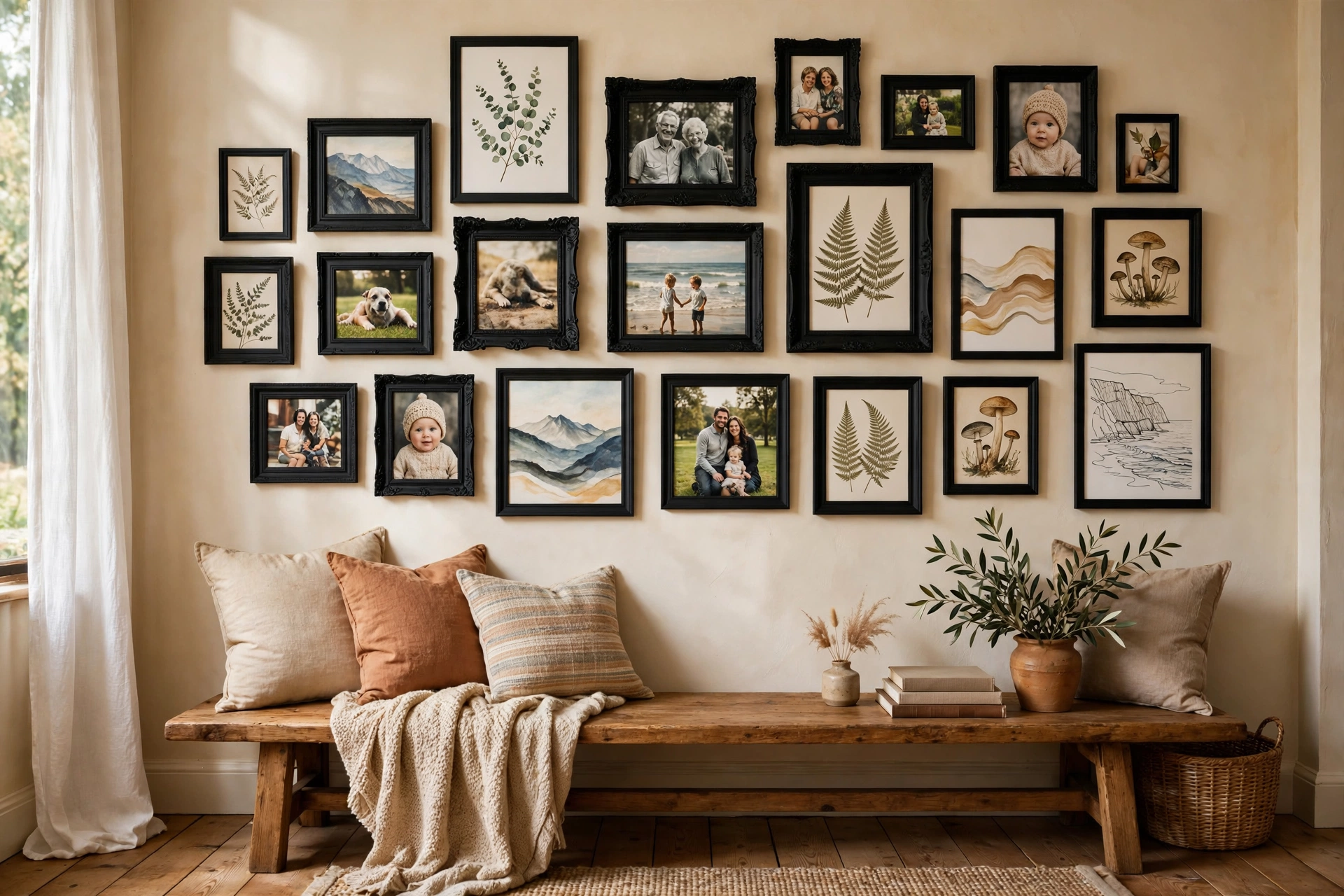 Thrifted picture frame gallery wall painted matte black on a cream wall