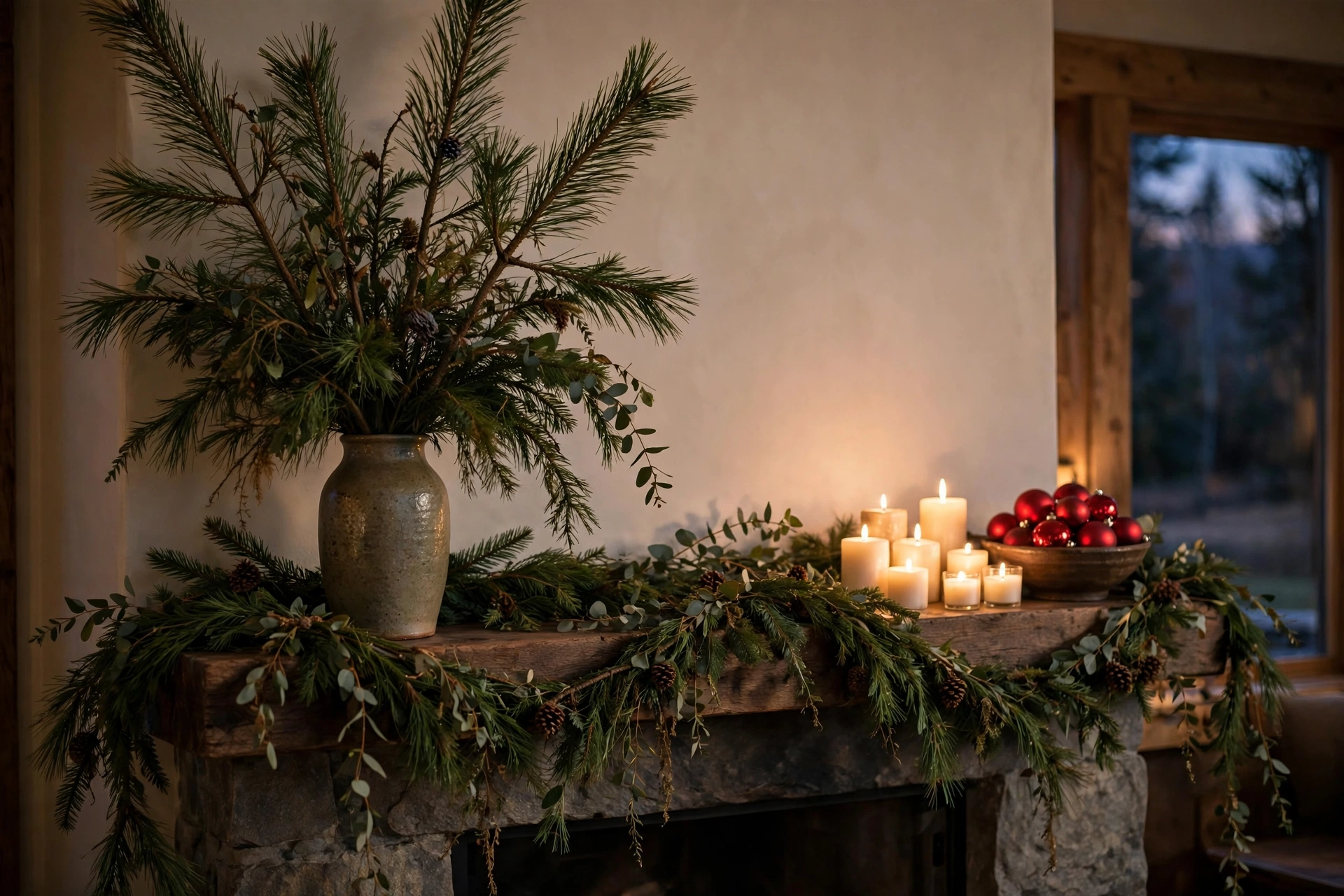 Asymmetrically styled Christmas mantel with tall branches and candle cluster