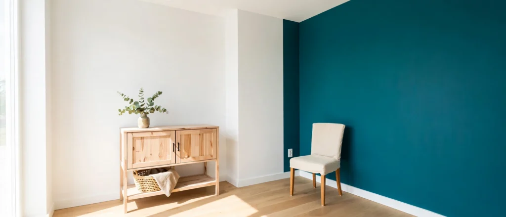 White room corner with one bold colour-blocked wall, light wood furniture, and a plain chair.