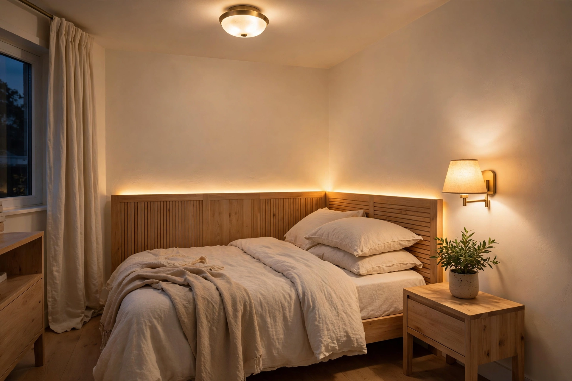 Small bedroom at dusk with three layered warm light sources, lamp and LED glow behind the headboard