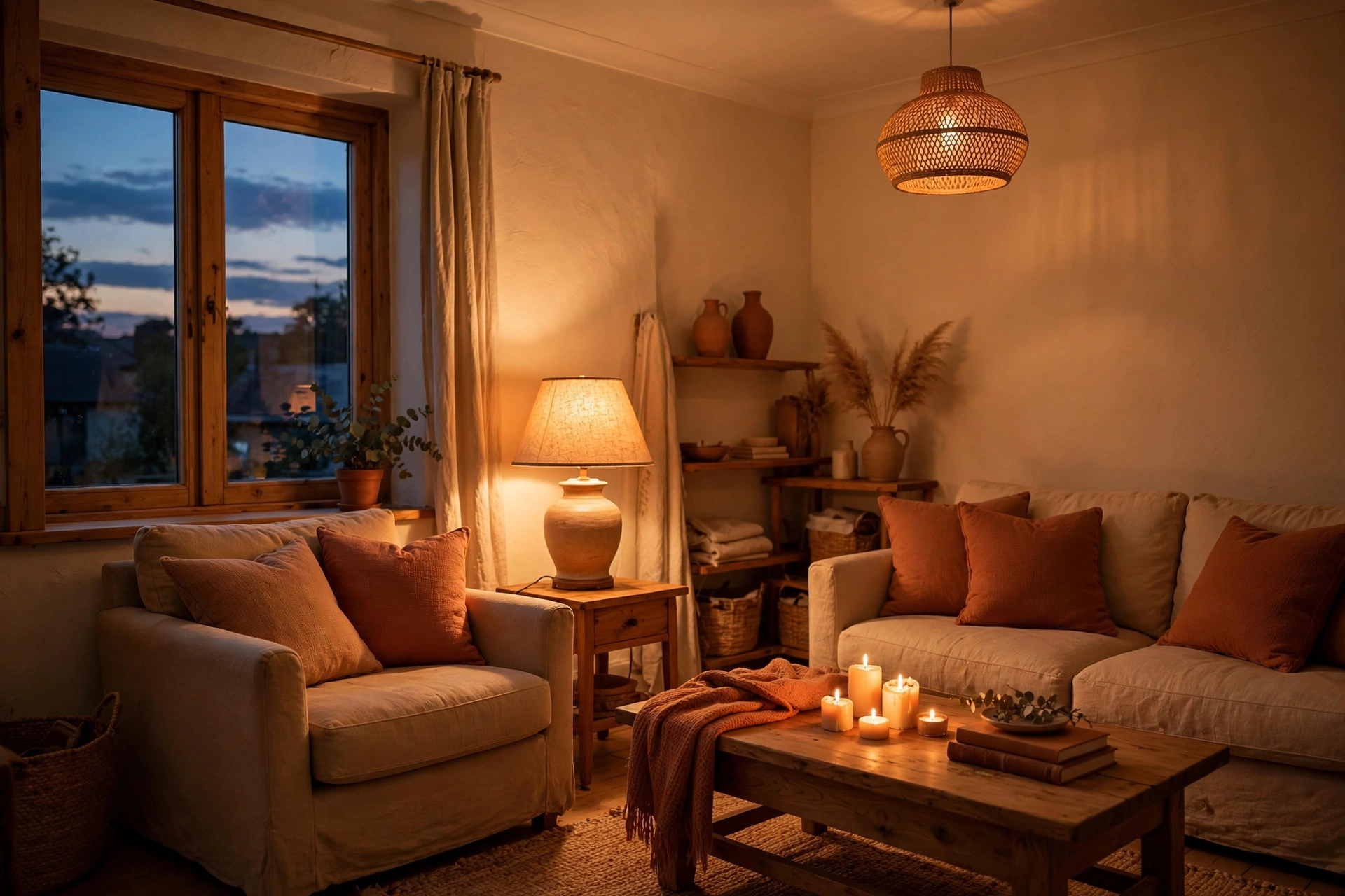 Living room at dusk lit by three warm light sources: pendant, table lamp and candles