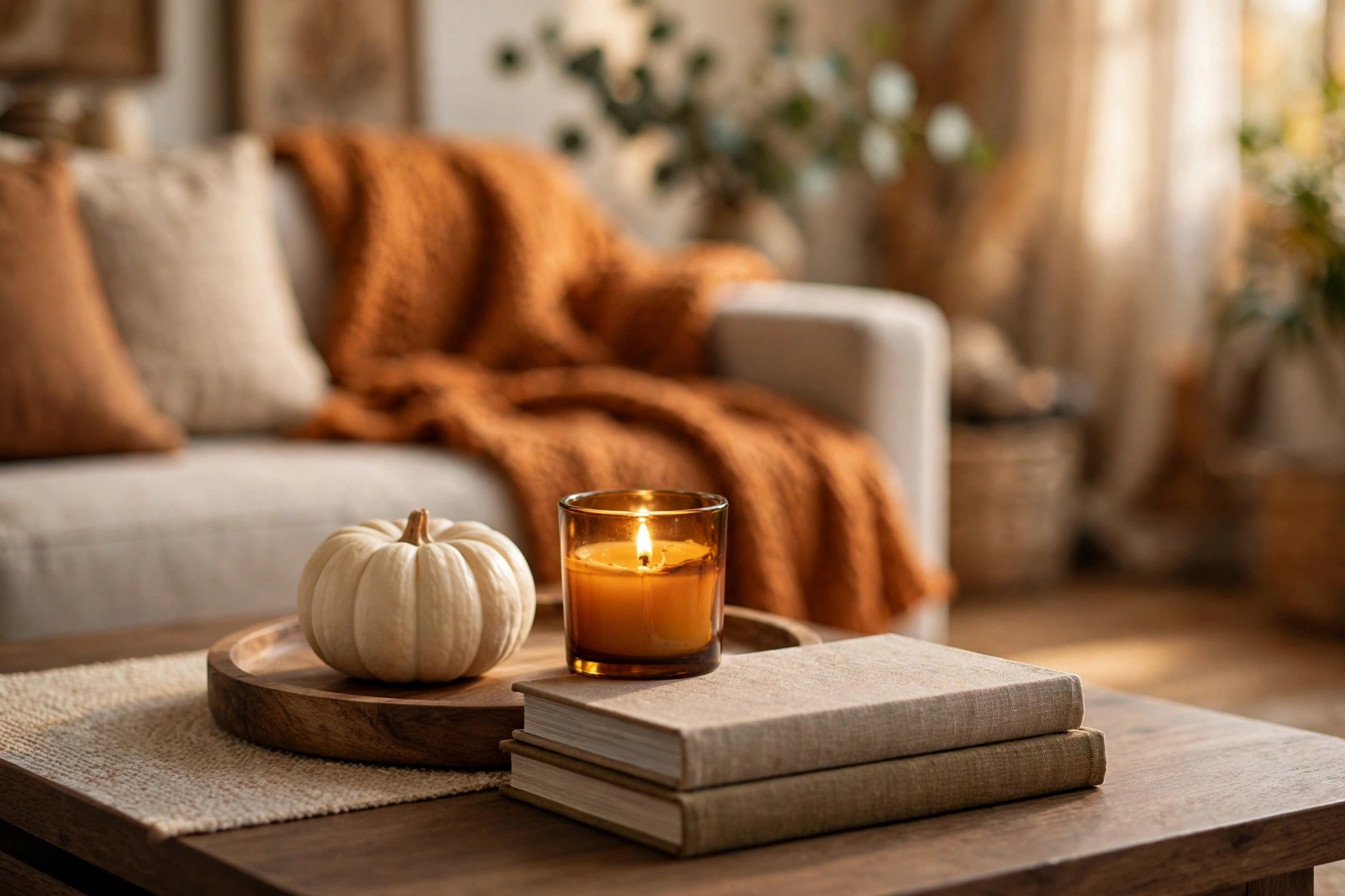 Wooden tray centerpiece with a small white pumpkin, amber candle and stacked books