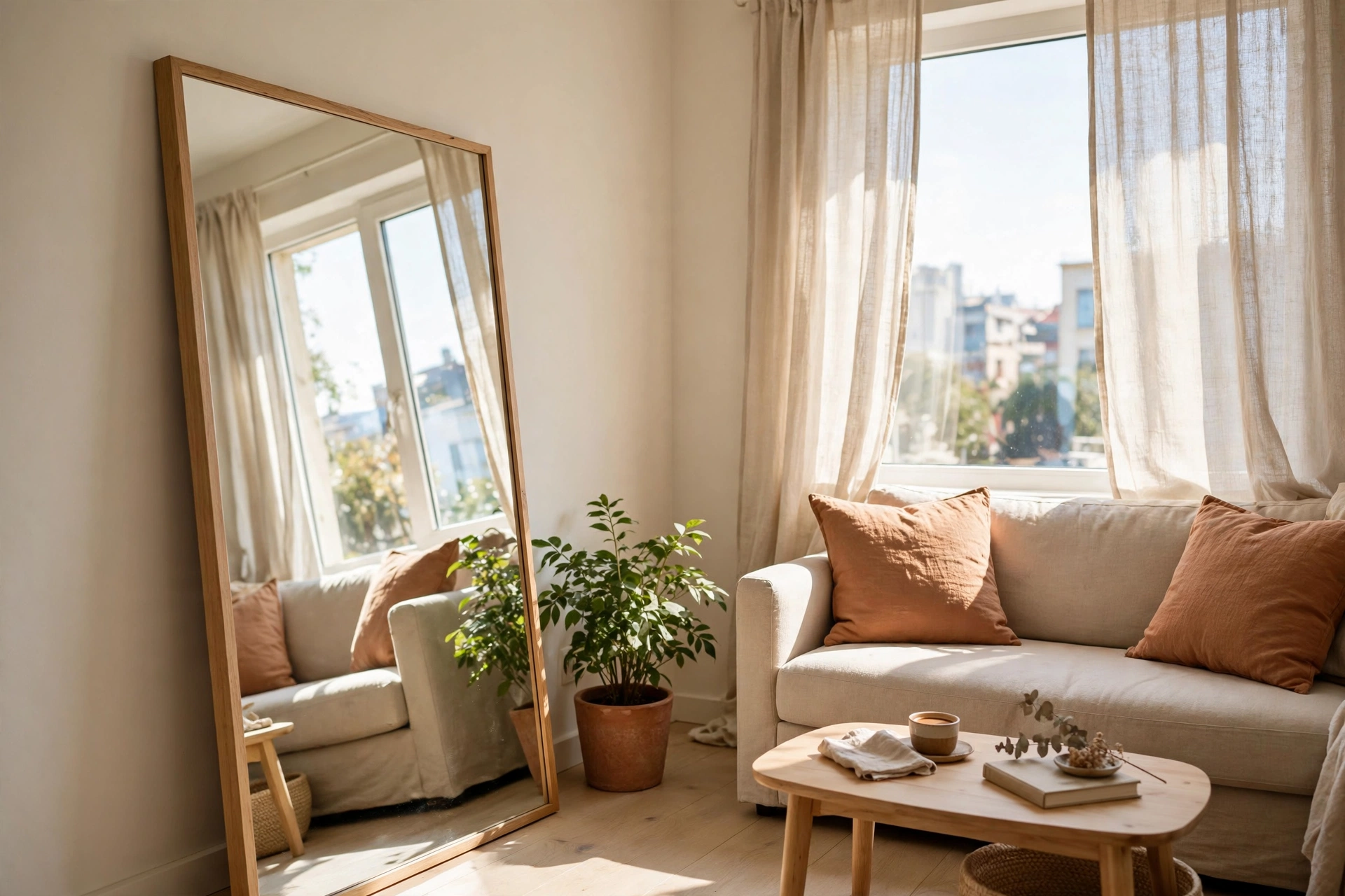 Large leaning mirror opposite a bright window reflecting daylight in a small living room