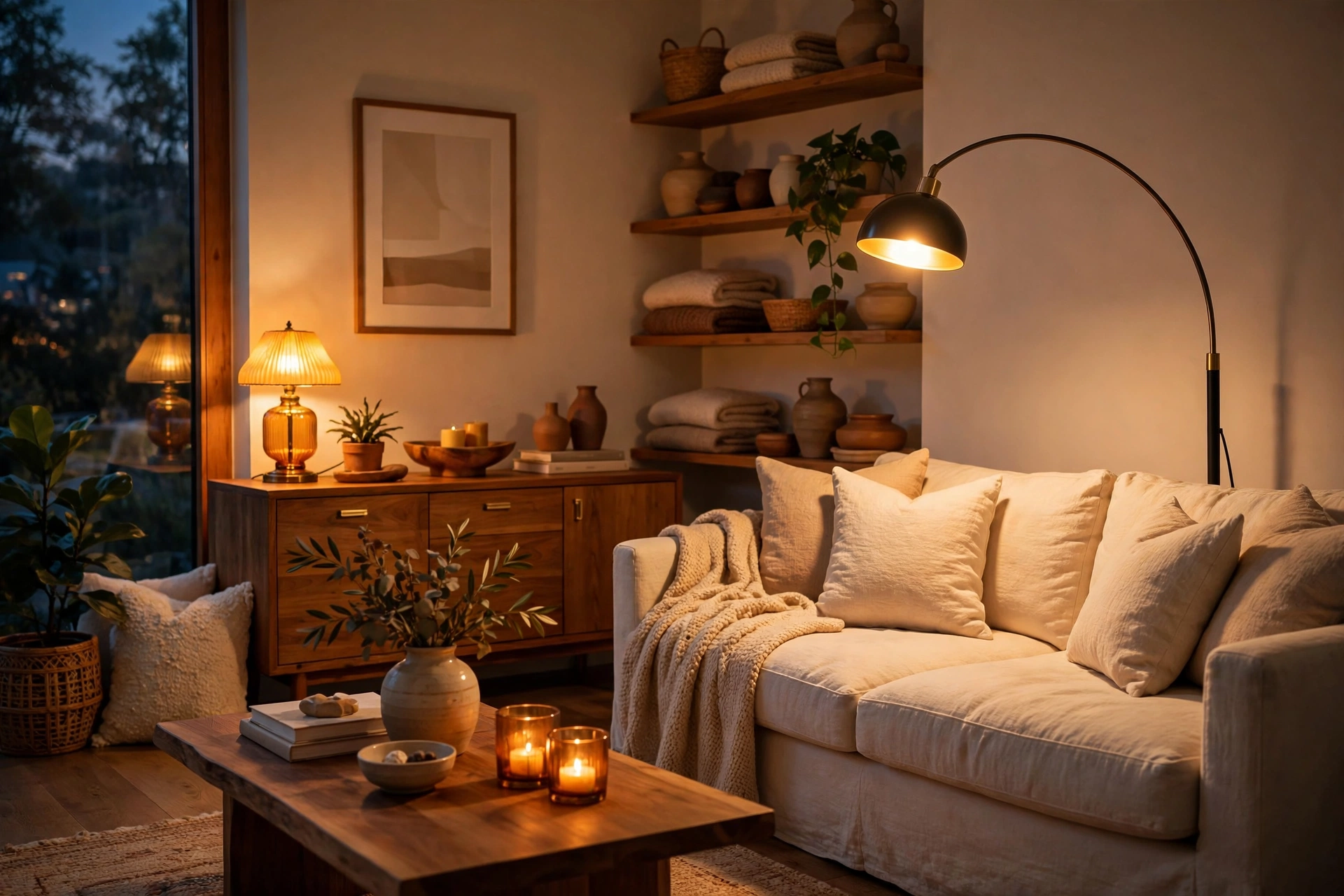 Cozy evening living room lit by warm dimmable floor lamp and soft ambient light