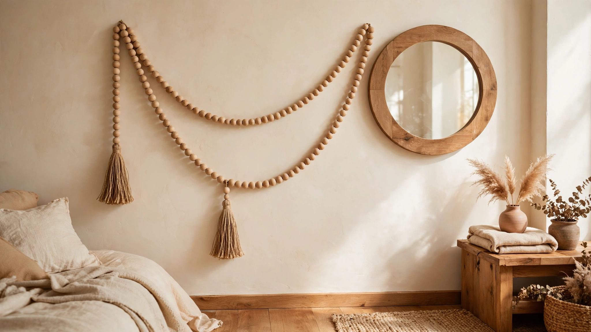 Wooden bead garland with jute tassels draped on a bedroom wall