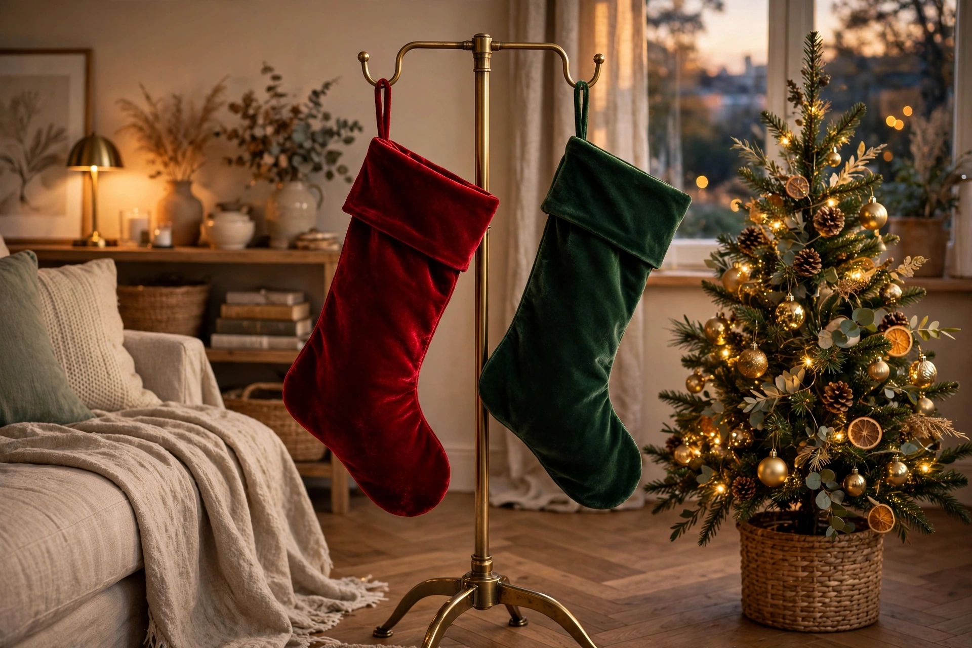 Velvet Christmas stockings hung on a freestanding brass stocking holder