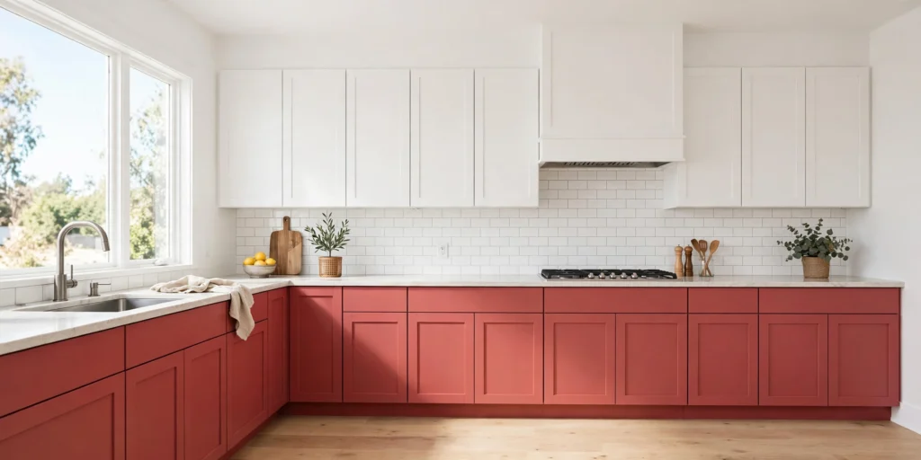 Bright white kitchen with one bold dusty red lower cabinet color and plain white upper cabinets and walls.