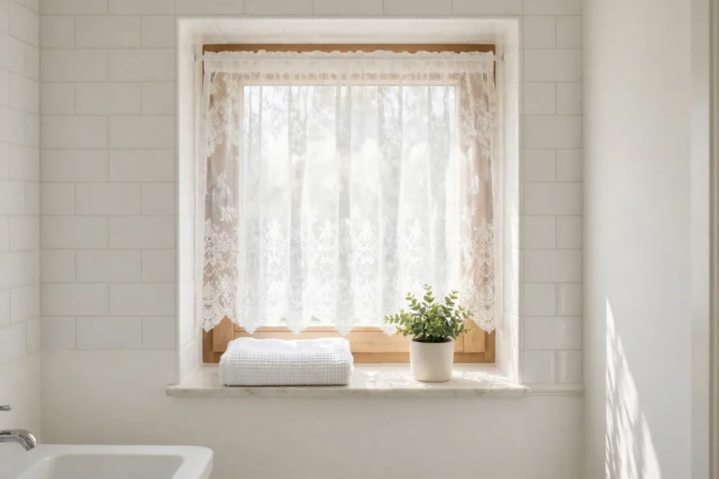 White bathroom window with a sheer lace curtain for privacy in soft daylight