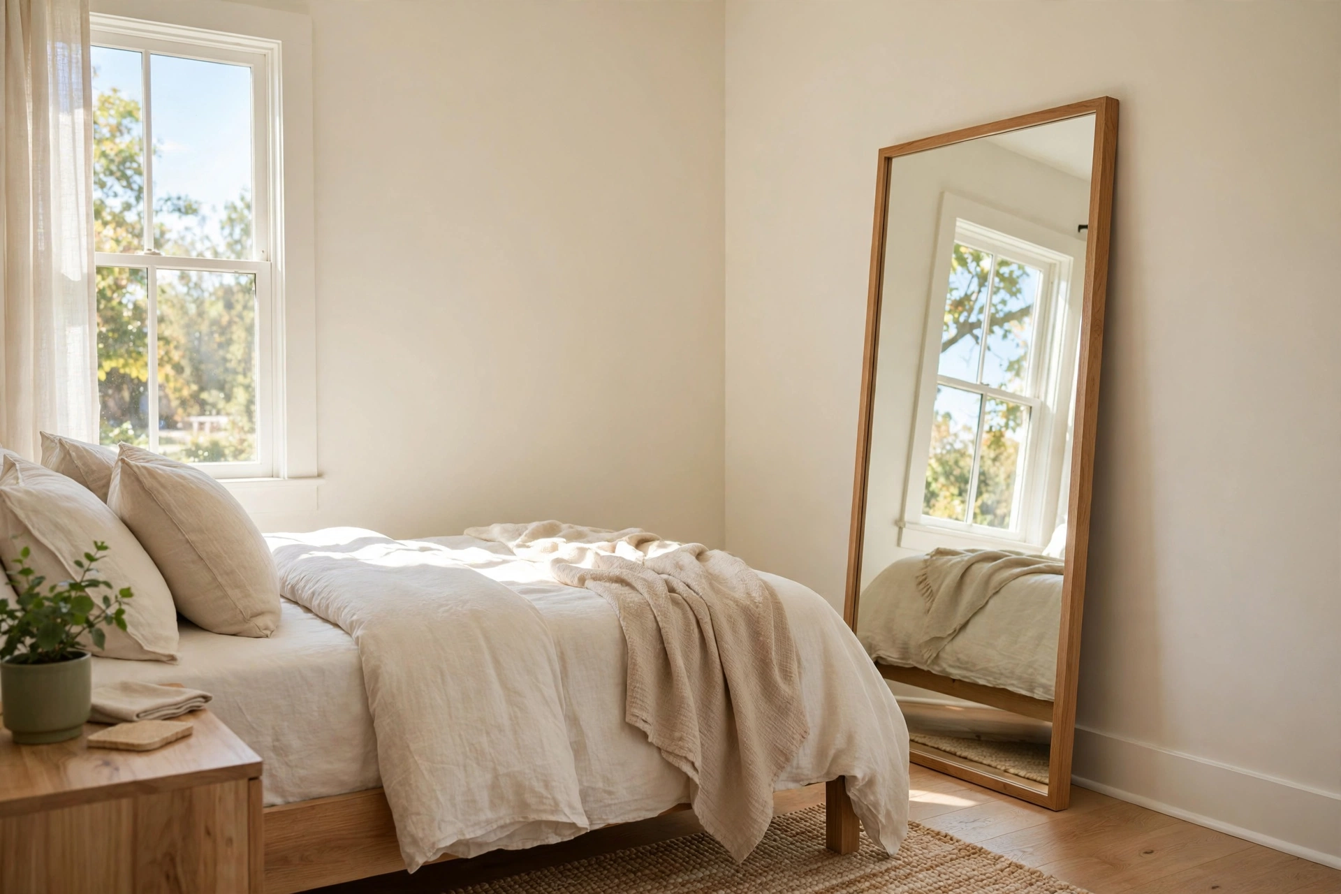 Full-length leaning mirror reflecting window light in a small bedroom