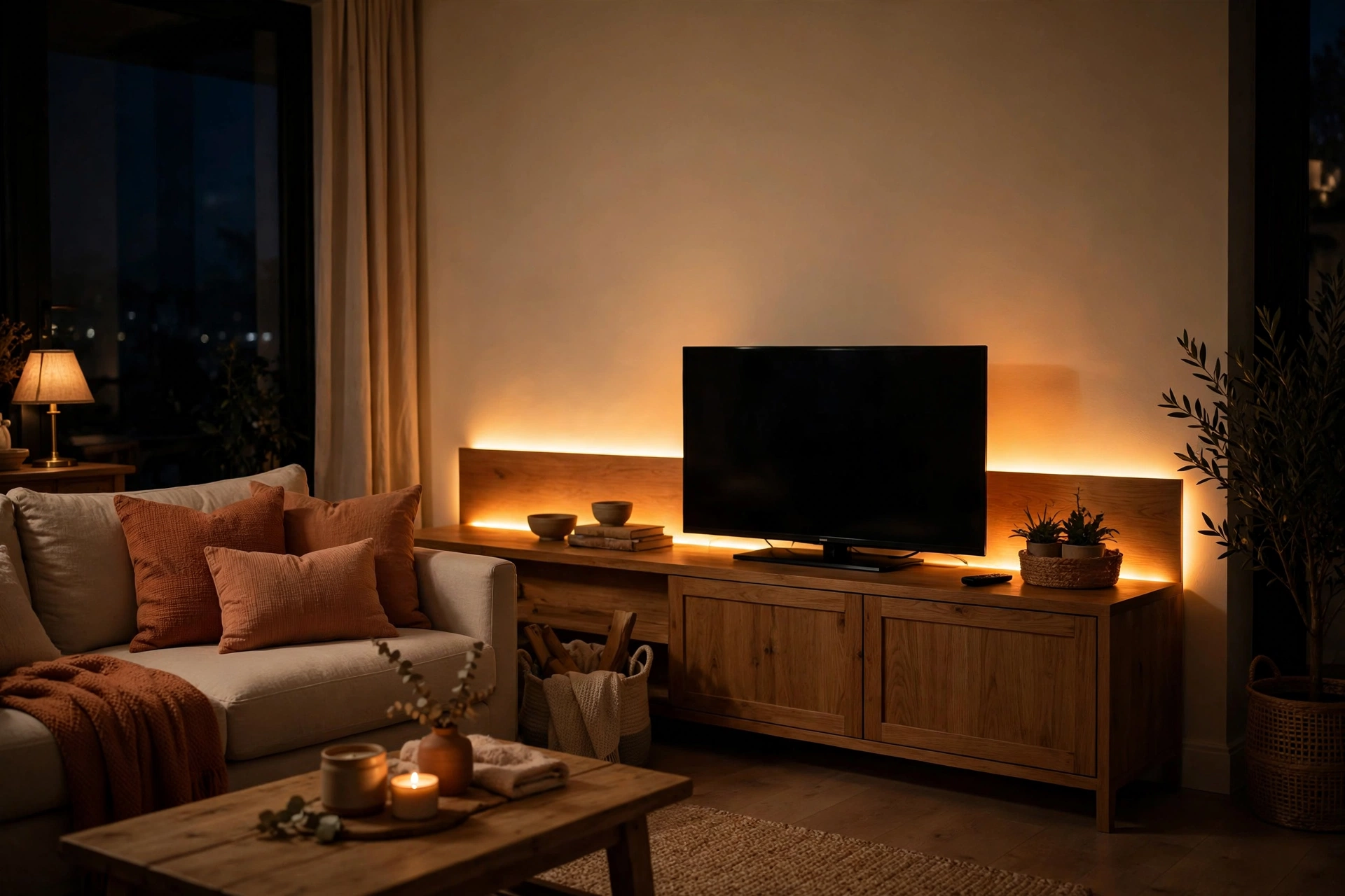 Warm LED strip light glowing behind a TV media console at night
