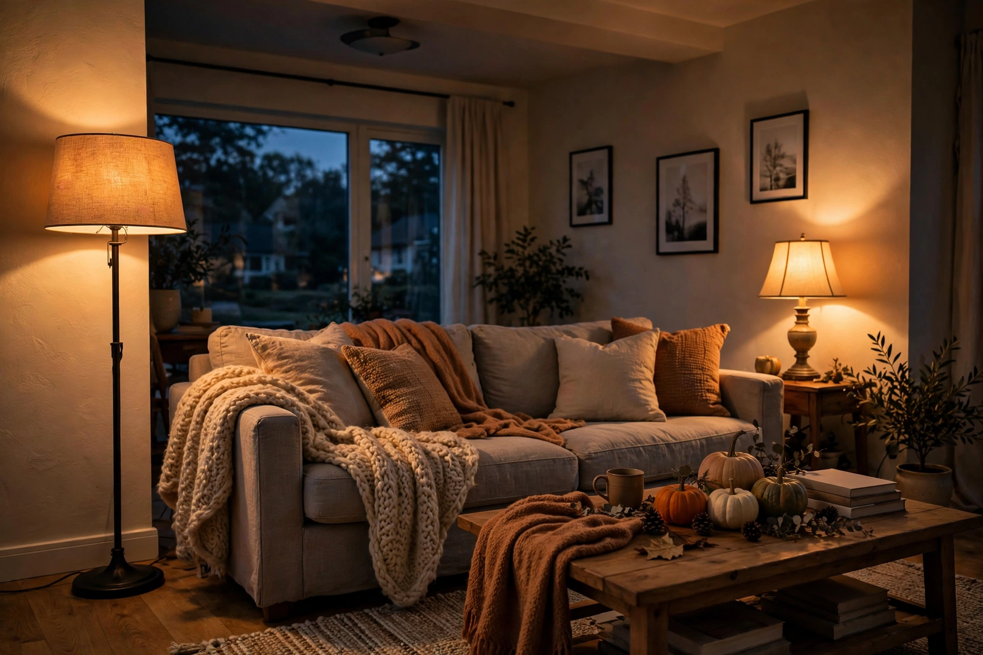 Living room at dusk lit warmly by lamps only, no overhead light