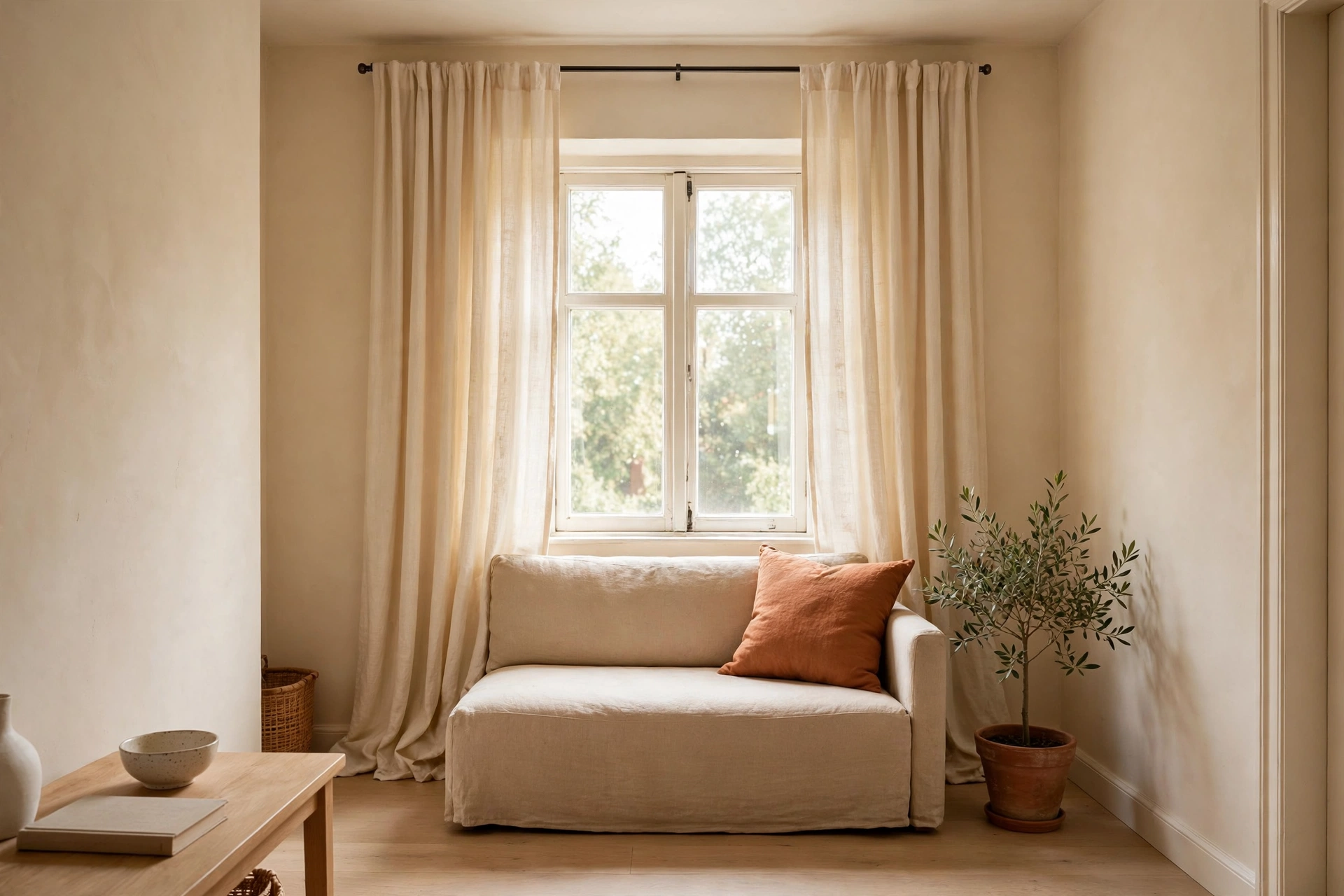Floor-length cream curtains on a near-ceiling rod matching the wall color