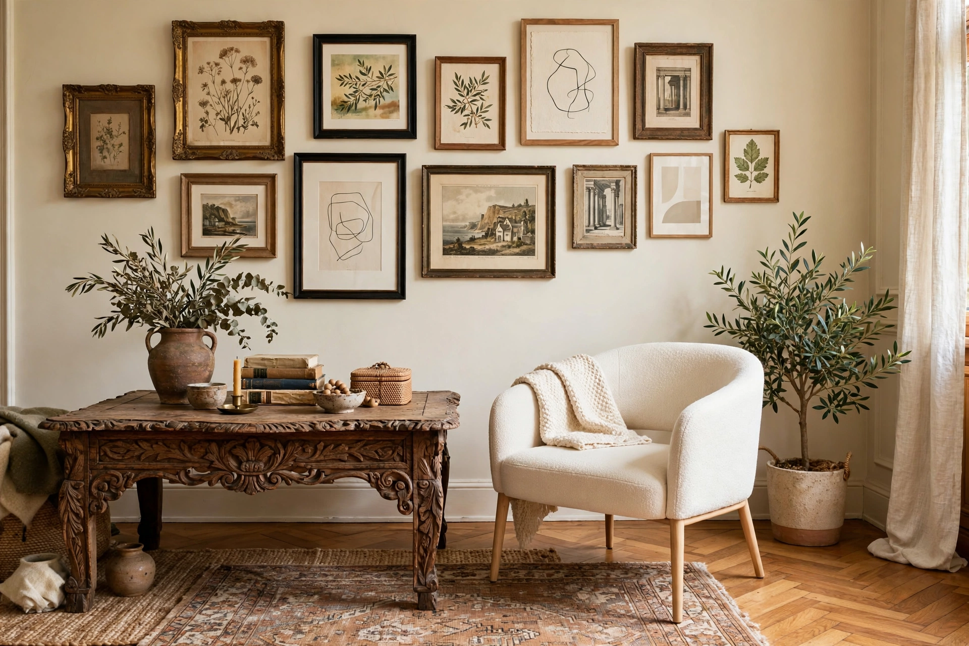 Living room mixing an antique wooden table with a modern chair and gallery wall