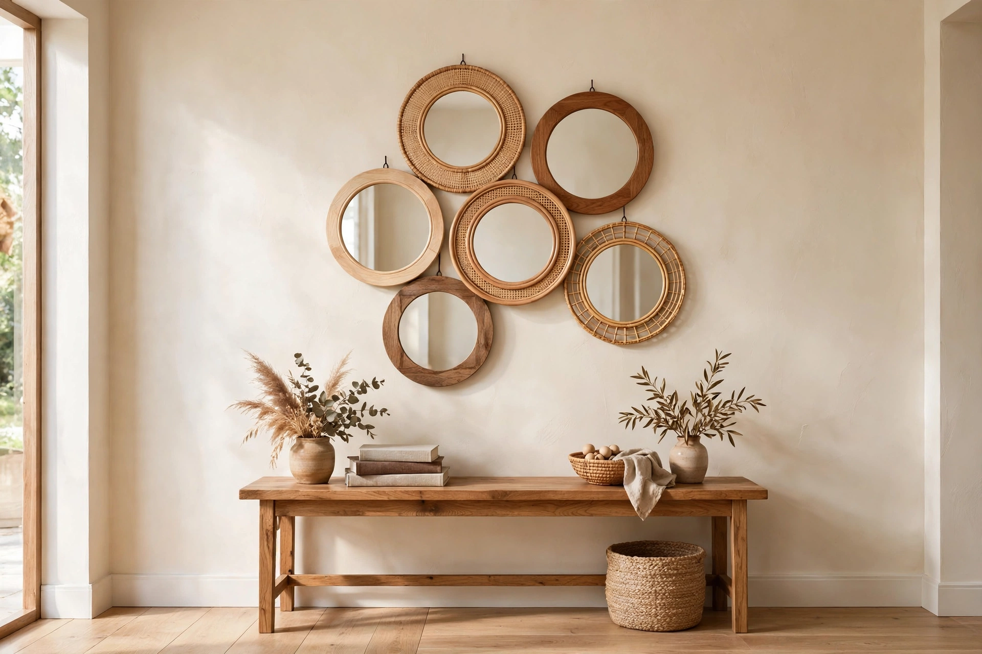 Cluster of small round mirrors in wood and rattan frames on an entryway wall