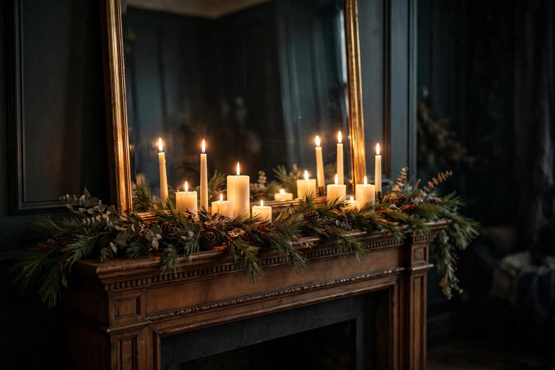 Mirror on a mantel doubling the glow of candles in front of it