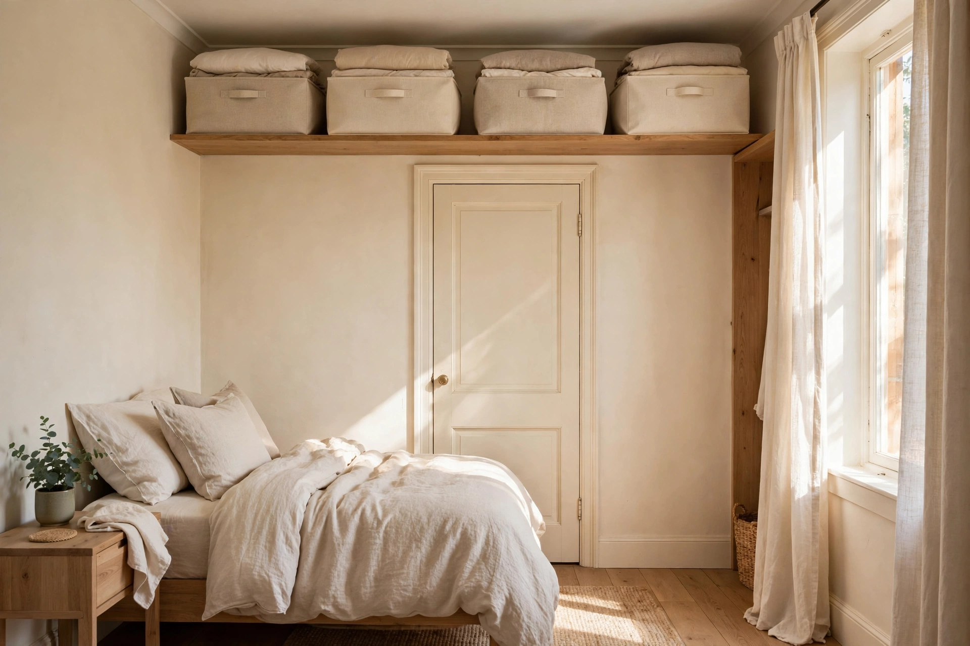 High shelf above a bedroom door holding labeled fabric storage boxes