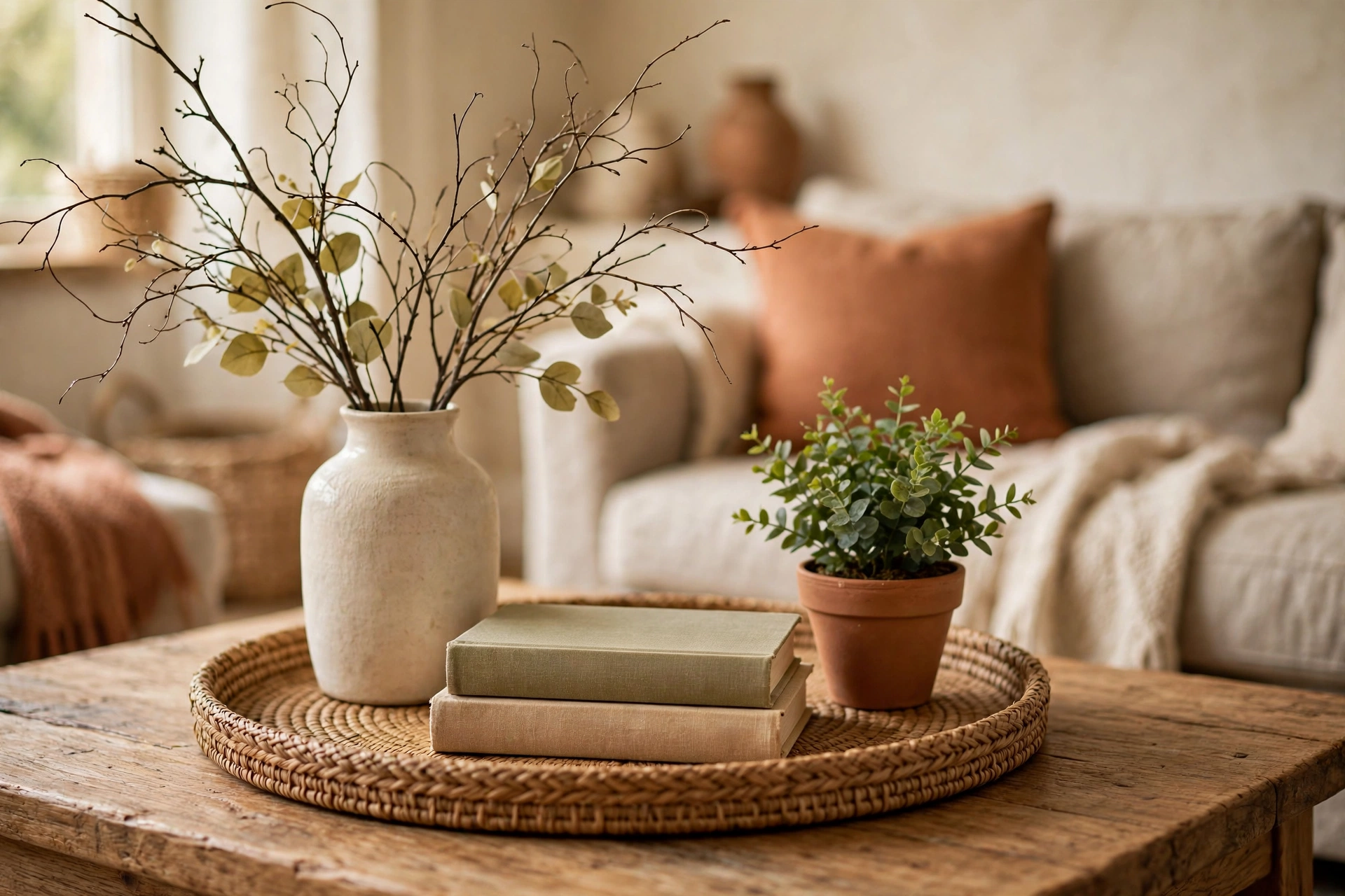 Coffee table styled in threes: tray with a tall vase of branches, stacked books and a small plant