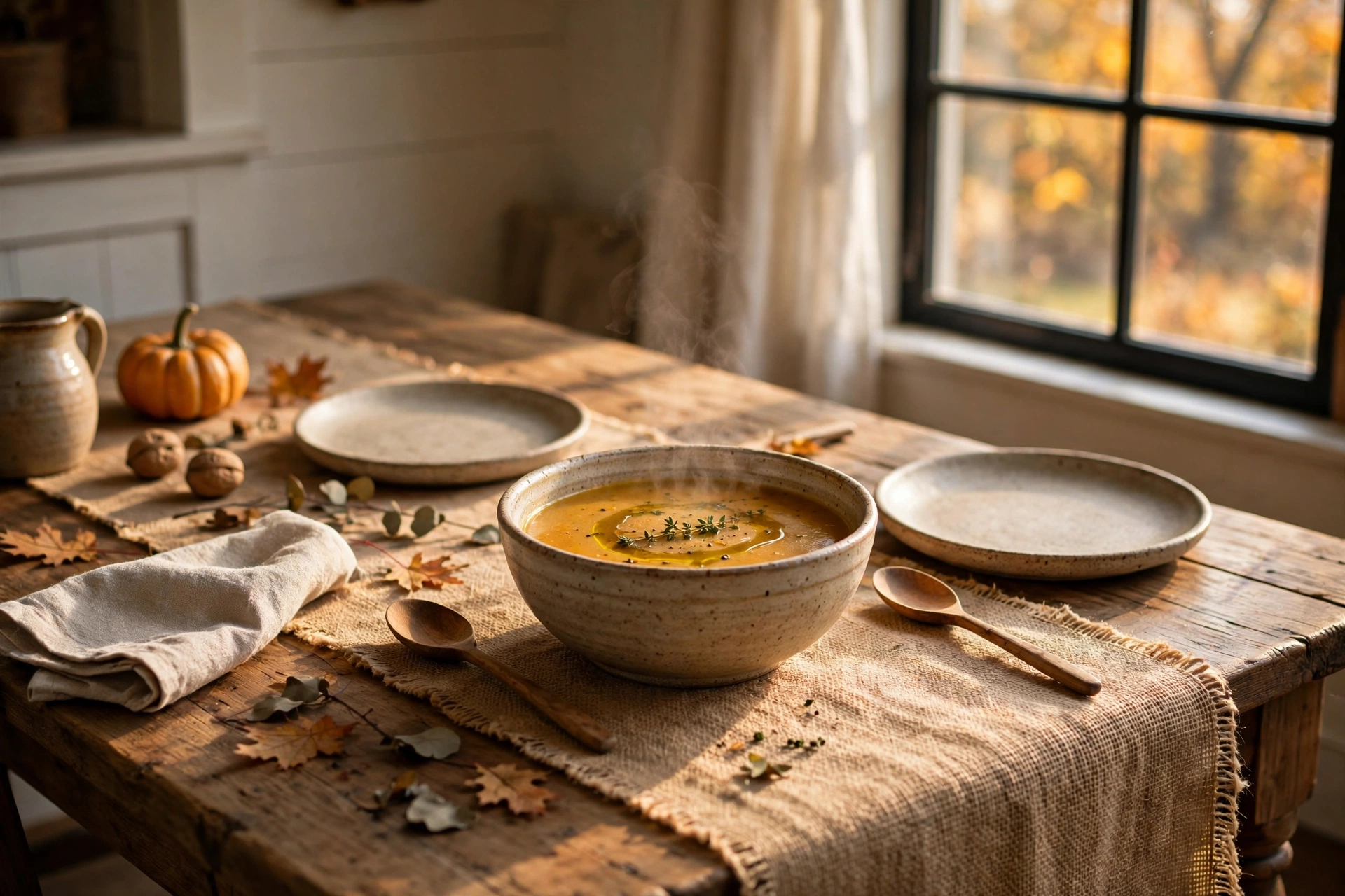 Dining table with a natural burlap runner, stoneware and autumn sunlight