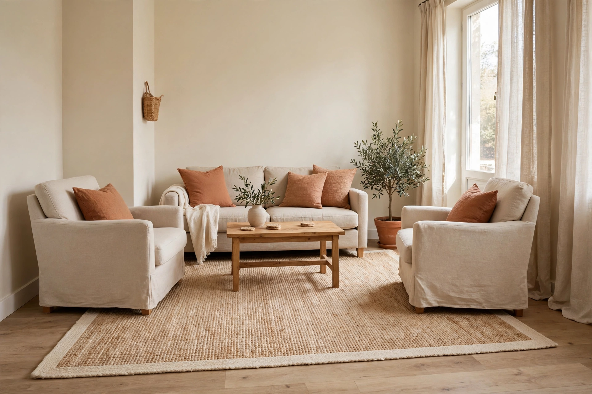 One large rug unifying a small living room seating zone under the sofa and chairs