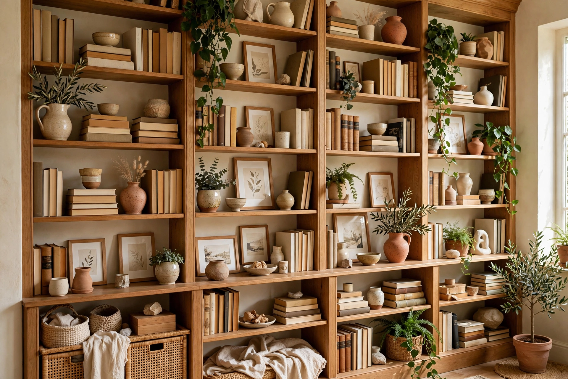 Bookshelf wall with displayed books, collected ceramics and layered art frames