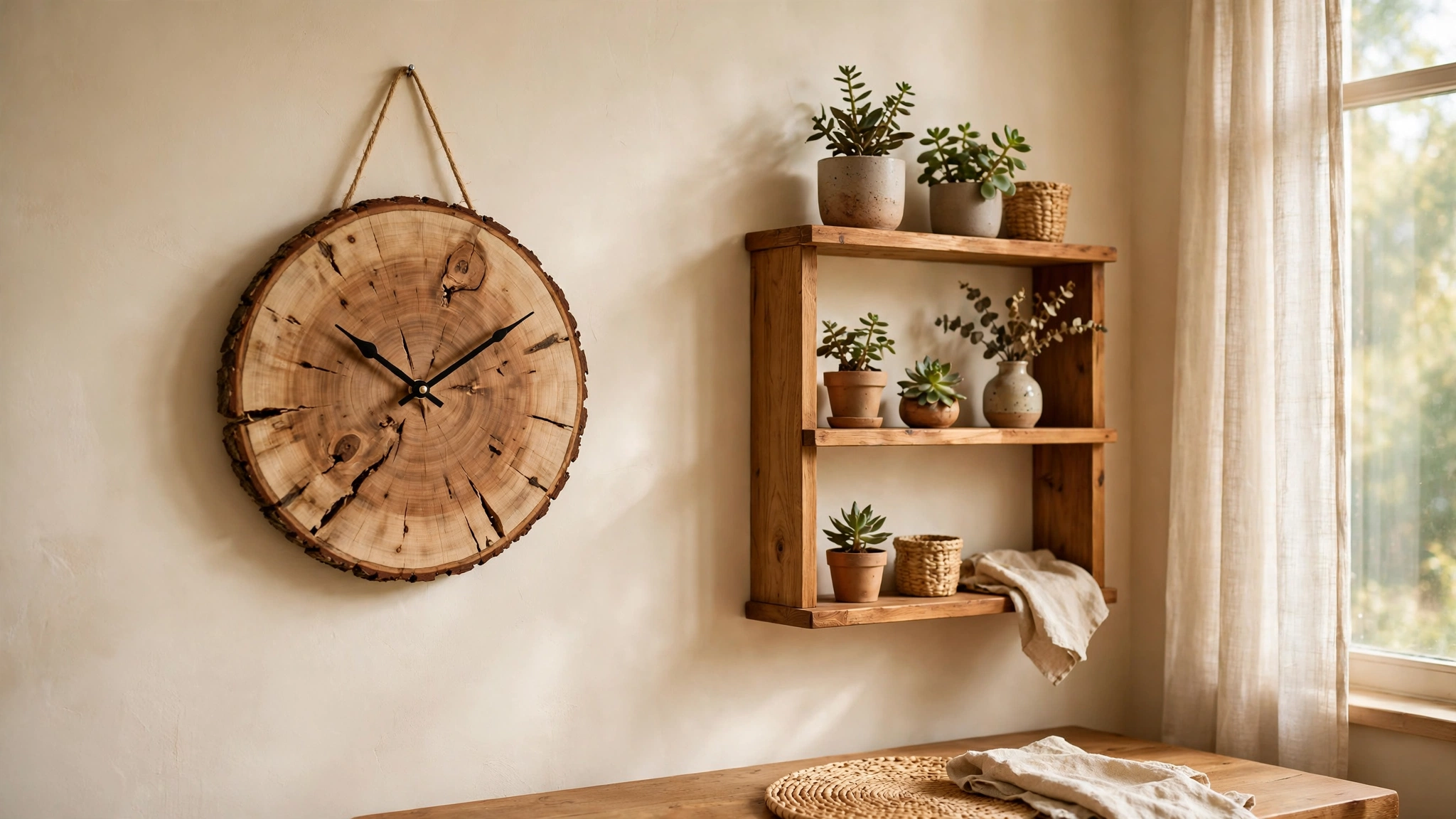 Handmade wall clock crafted from a round wood slice on a living room wall