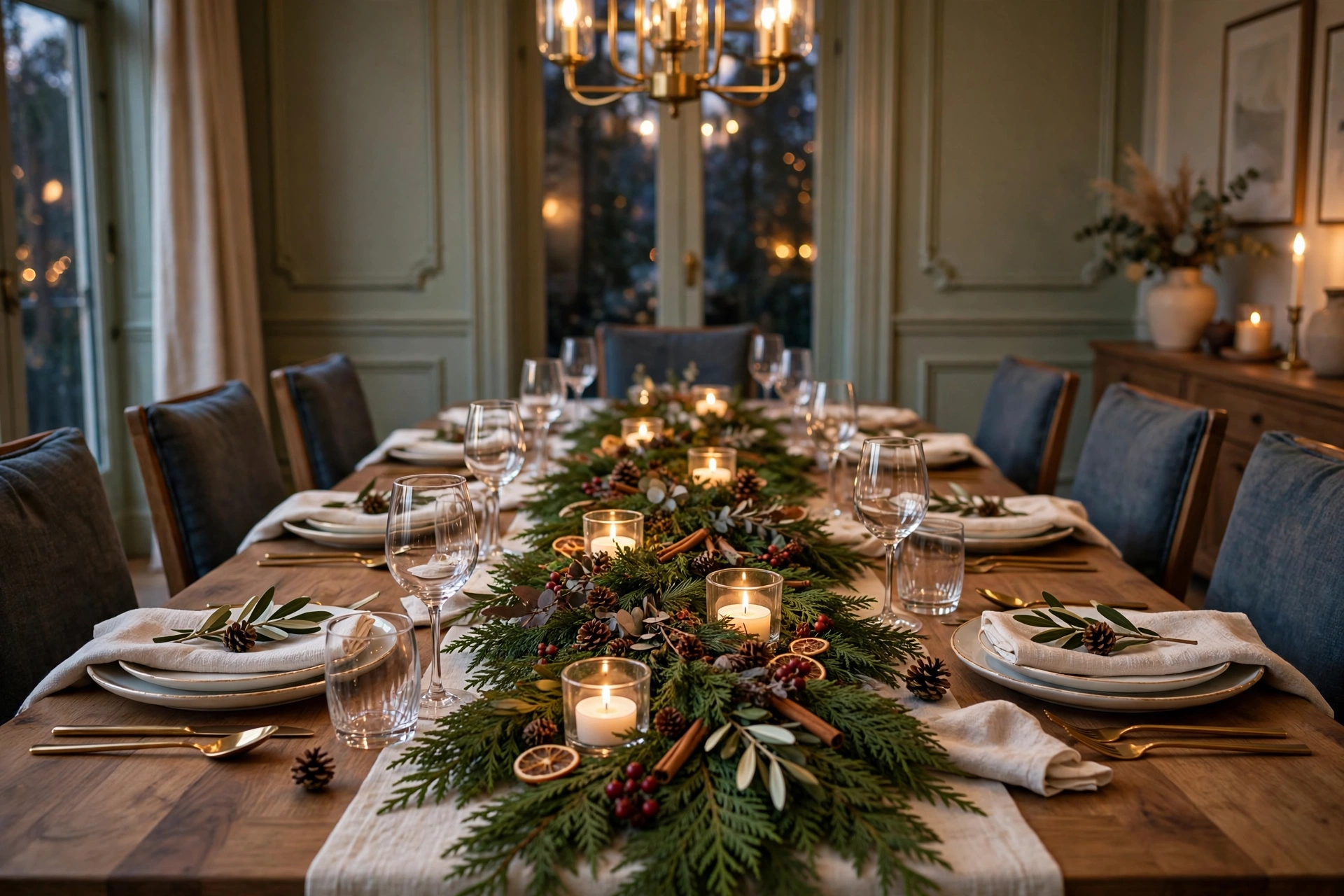 Dining table with cedar garland runner down the center and tea lights