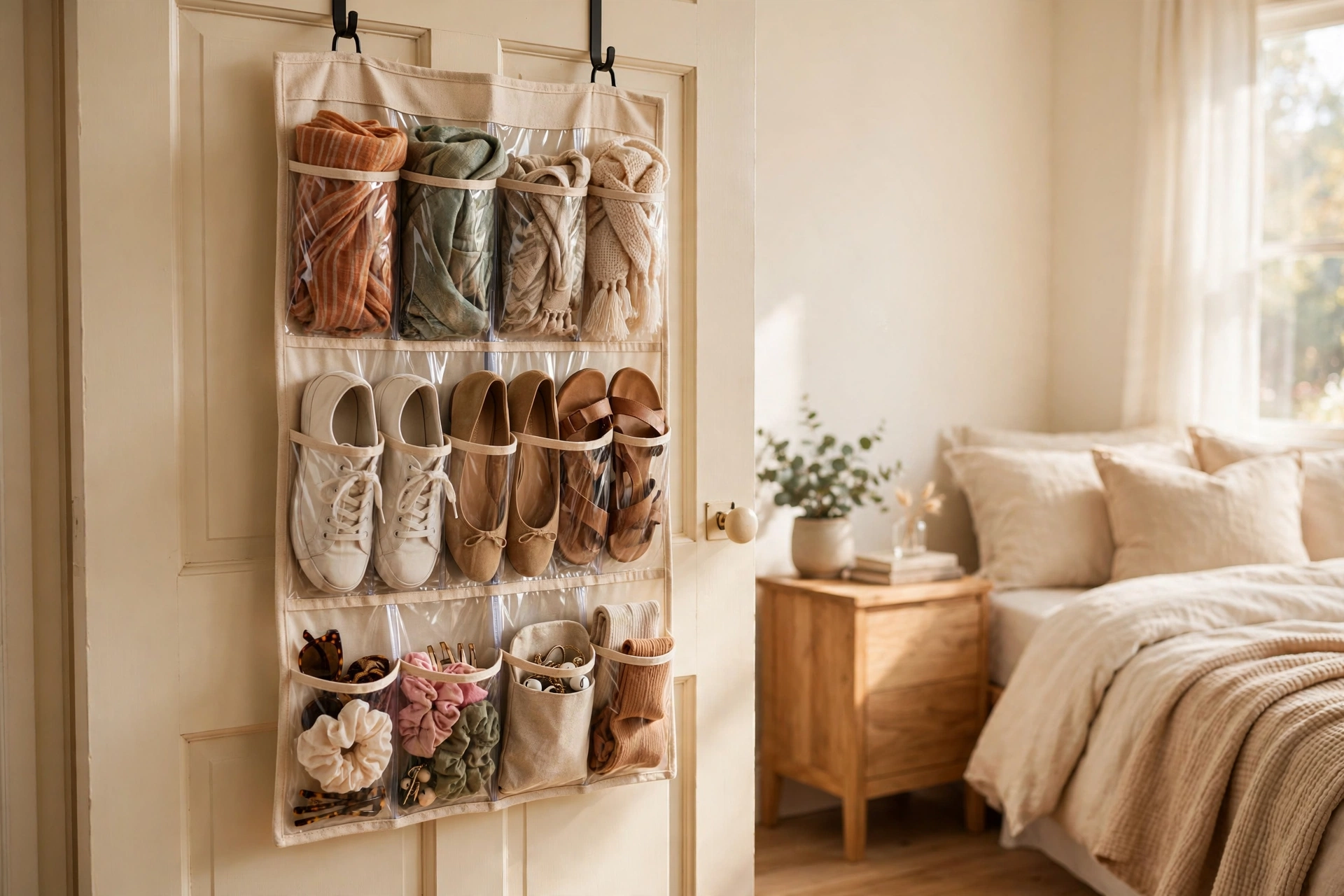 Over-the-door organizer with clear pockets holding shoes and scarves in a small bedroom