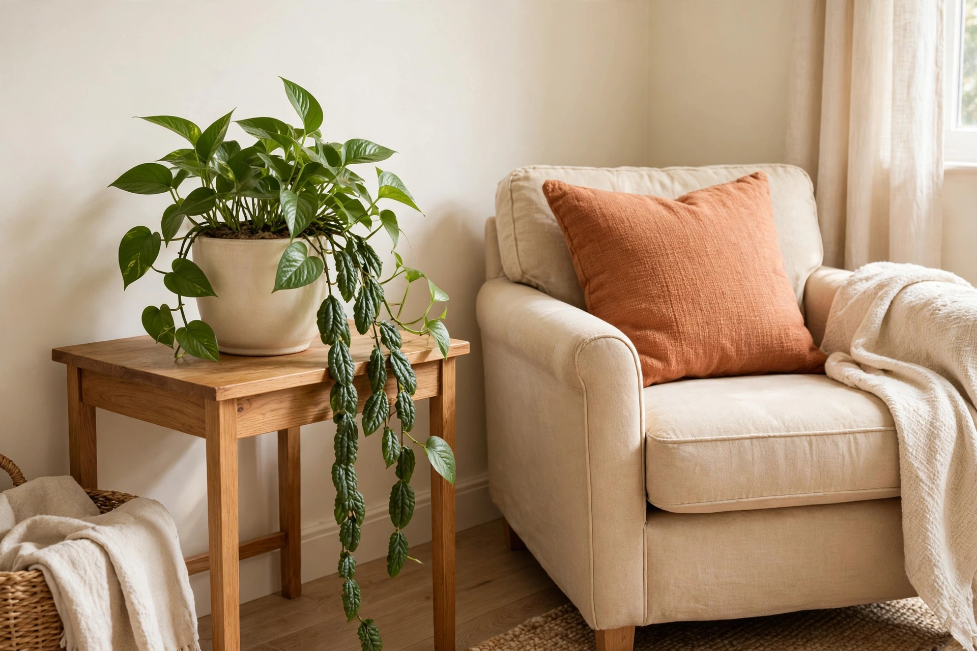 Trailing pothos plant in a cream pot on a side table beside an armchair
