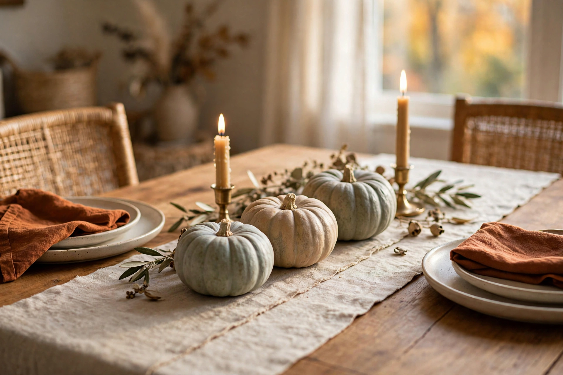 Fall tablescape with a linen runner, heirloom pumpkins, taper candles and rust napkins