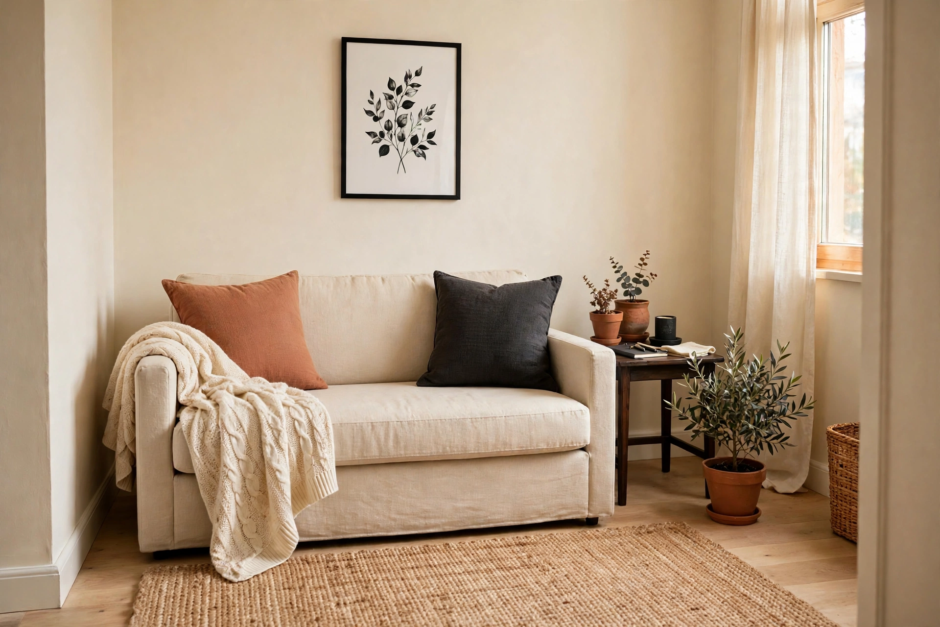 Small living room in a tight three-color palette of cream, terracotta and a dark anchor
