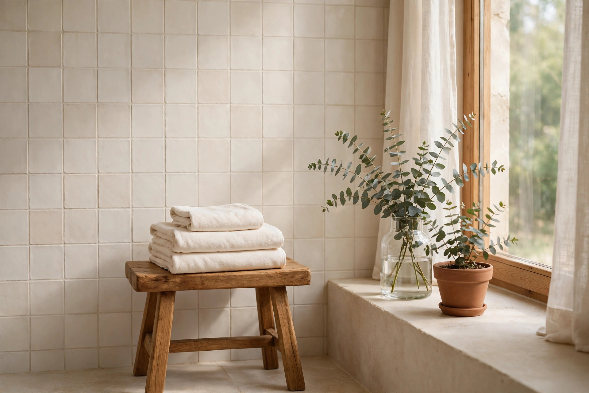 Serene spa-like bathroom with warm white tones, wooden stool and eucalyptus vase