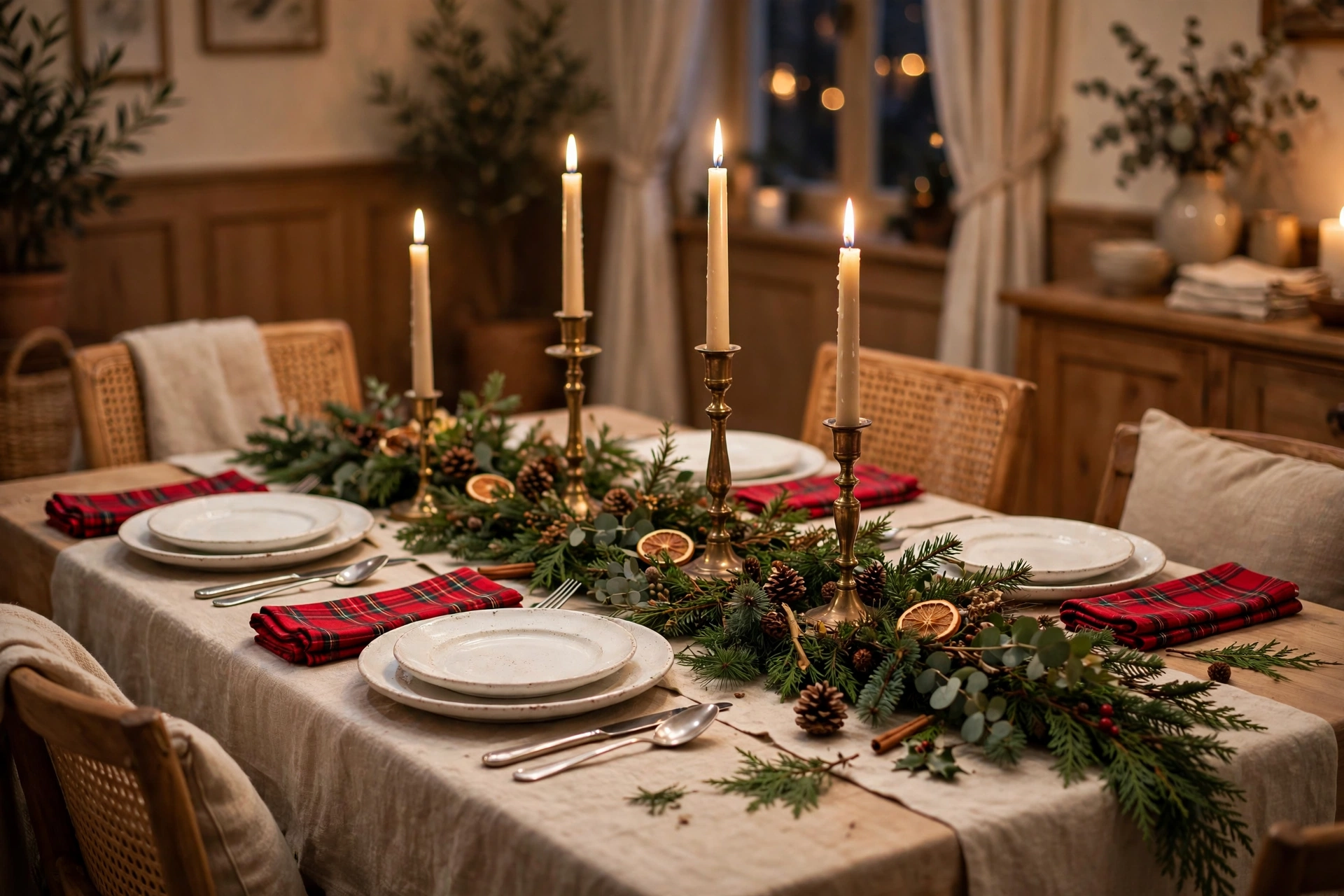 Christmas tablescape with red plaid napkins and taper candles in brass holders