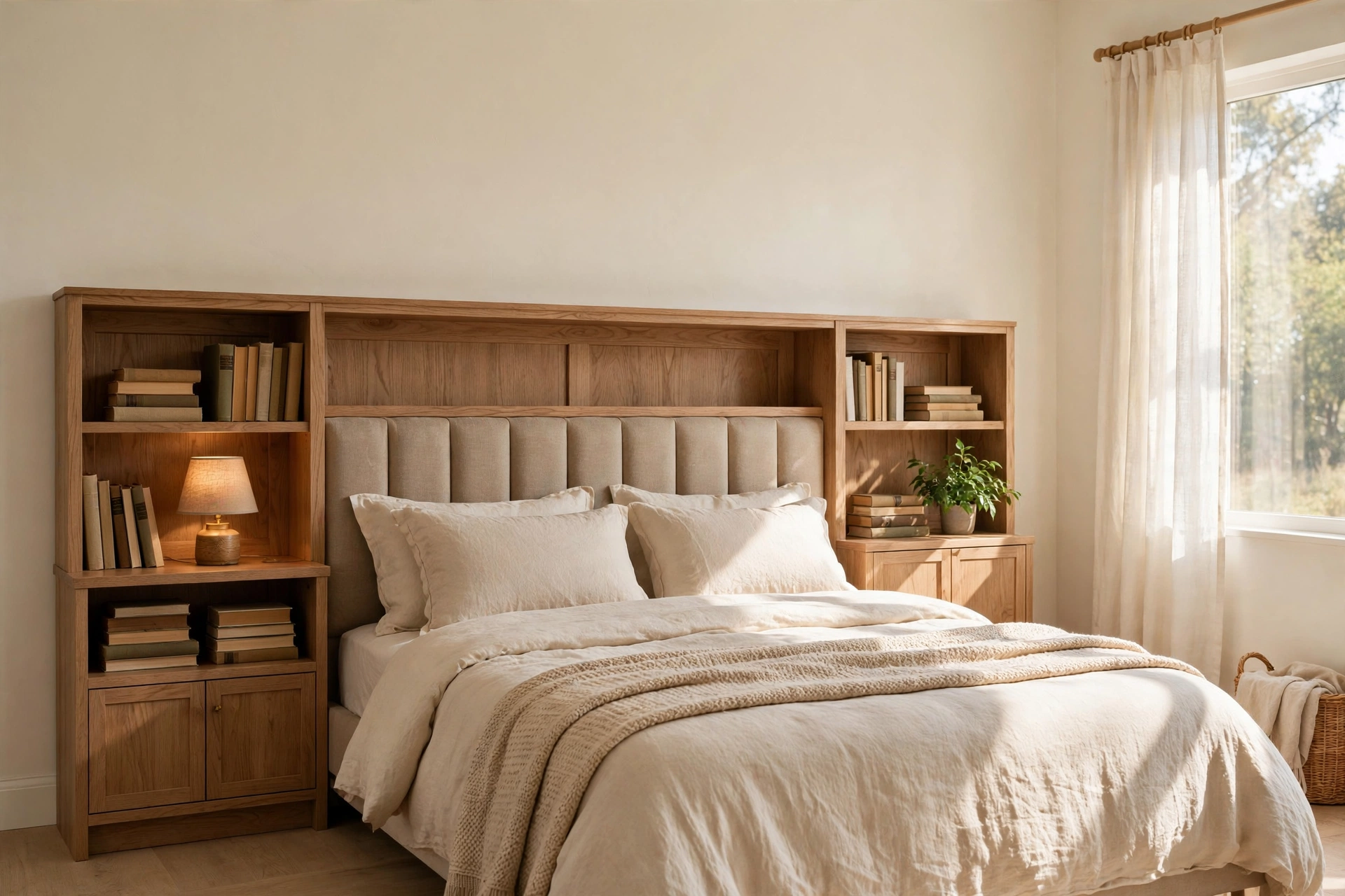 Storage headboard with built-in shelves holding books and a lamp