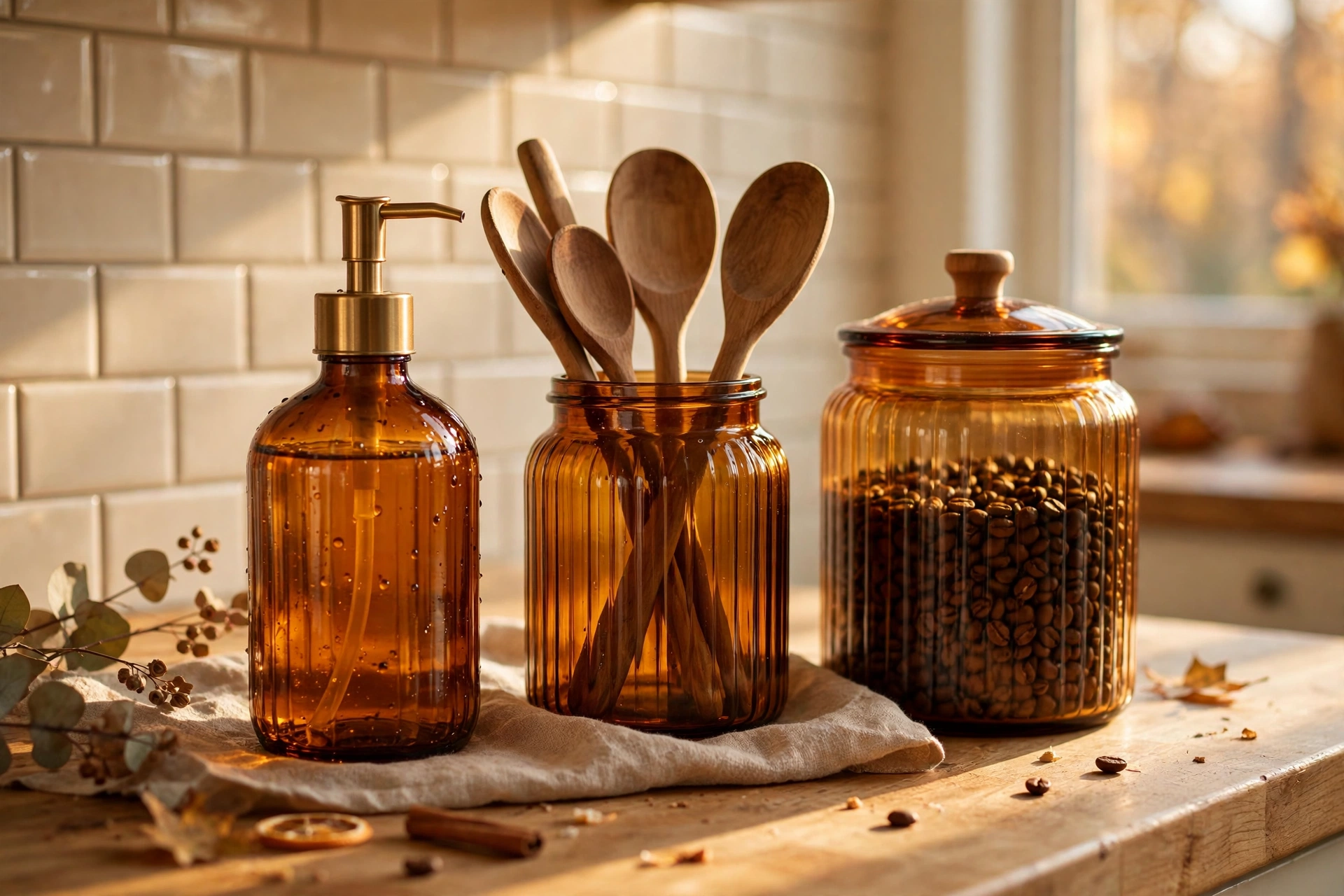 Kitchen counter with matching amber glass soap dispenser, utensil jar and coffee canister