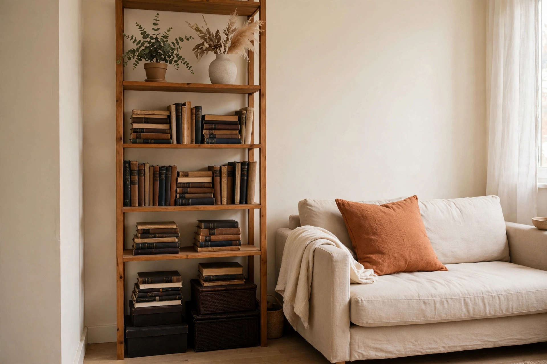 Tall narrow bookcase styled heavy and dark at the bottom, light and airy at the top