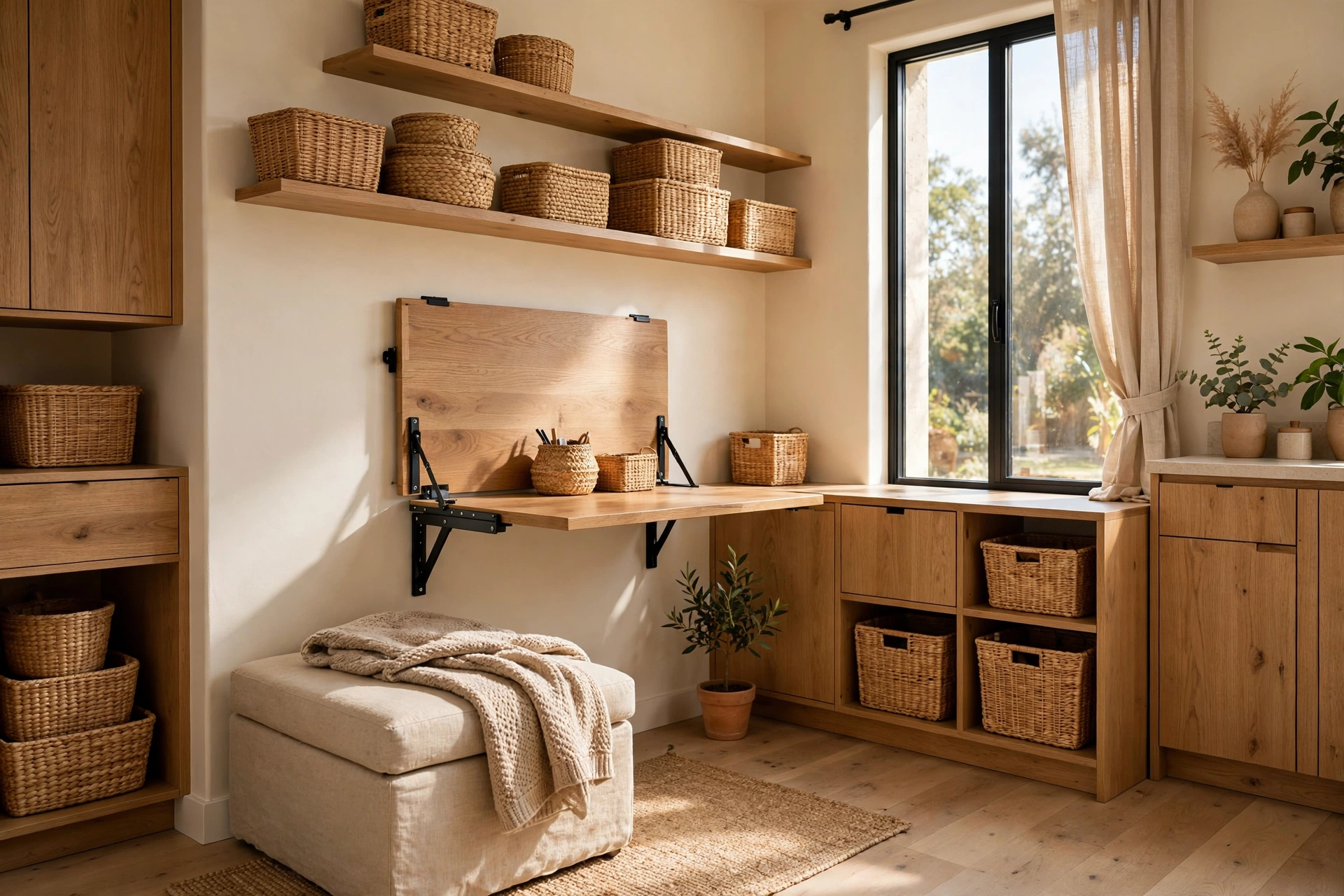 Small studio apartment with storage ottoman bench, fold-down desk and woven baskets