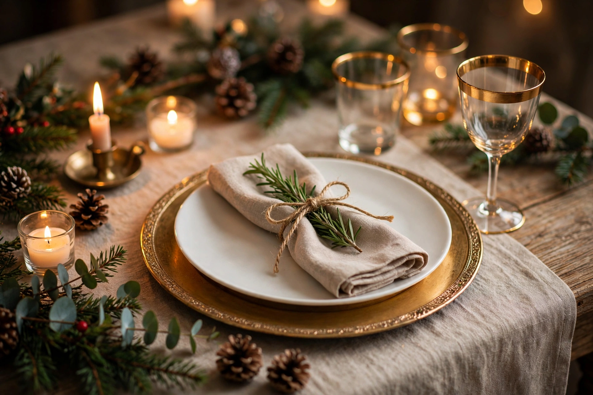 Elegant place setting with gold charger, white plate and rosemary-tied napkin