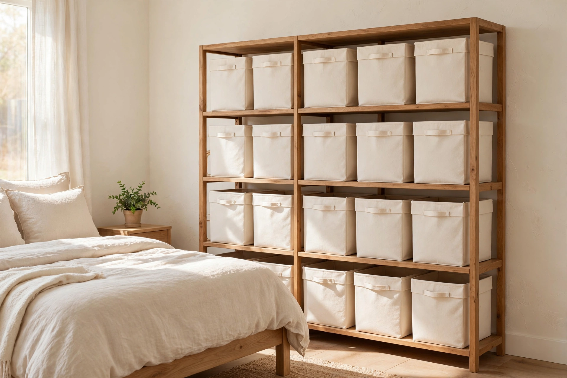 Open bedroom shelving filled with matching cream fabric storage bins