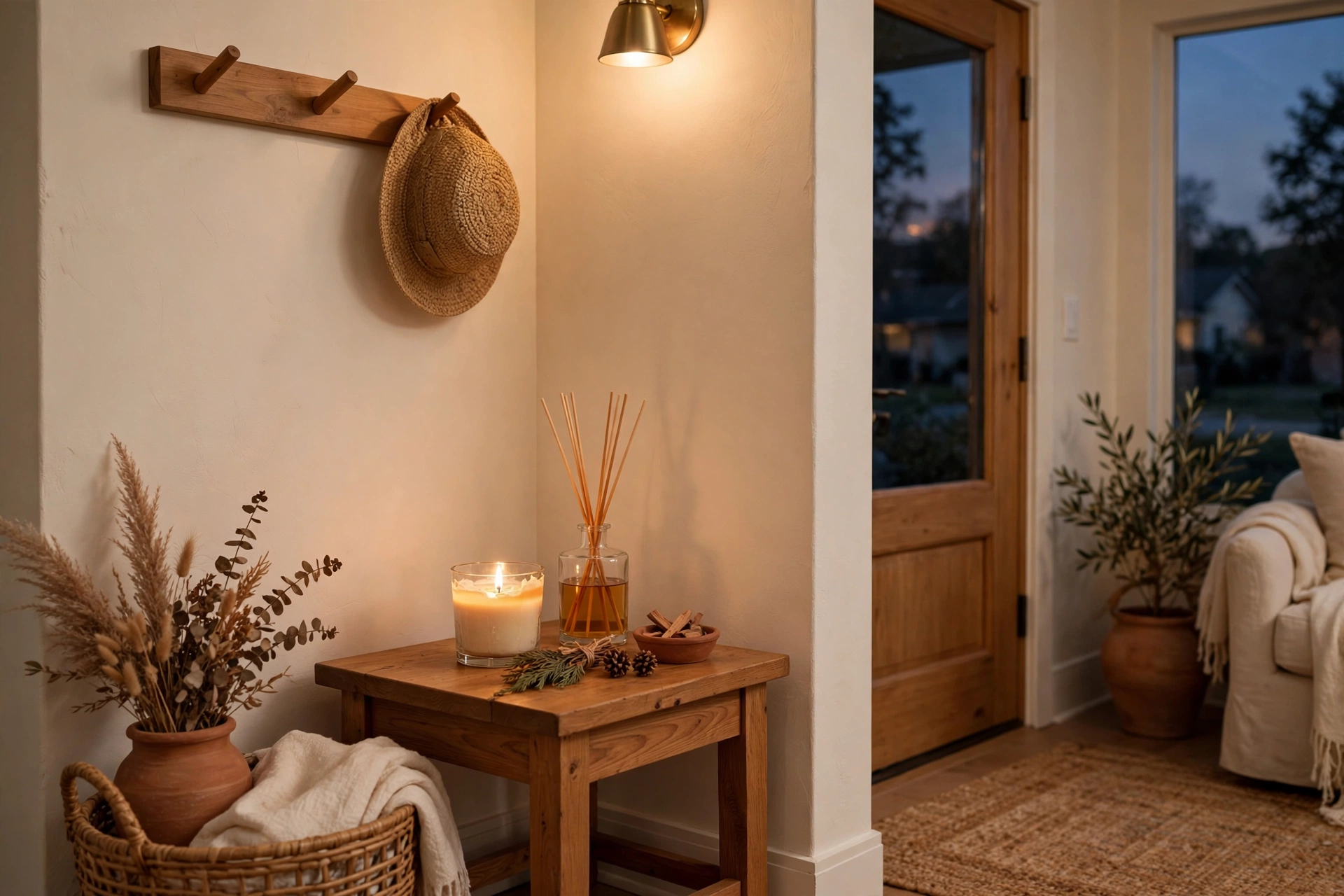 Lit cedar candle and reed diffuser welcoming guests in a dusk entryway