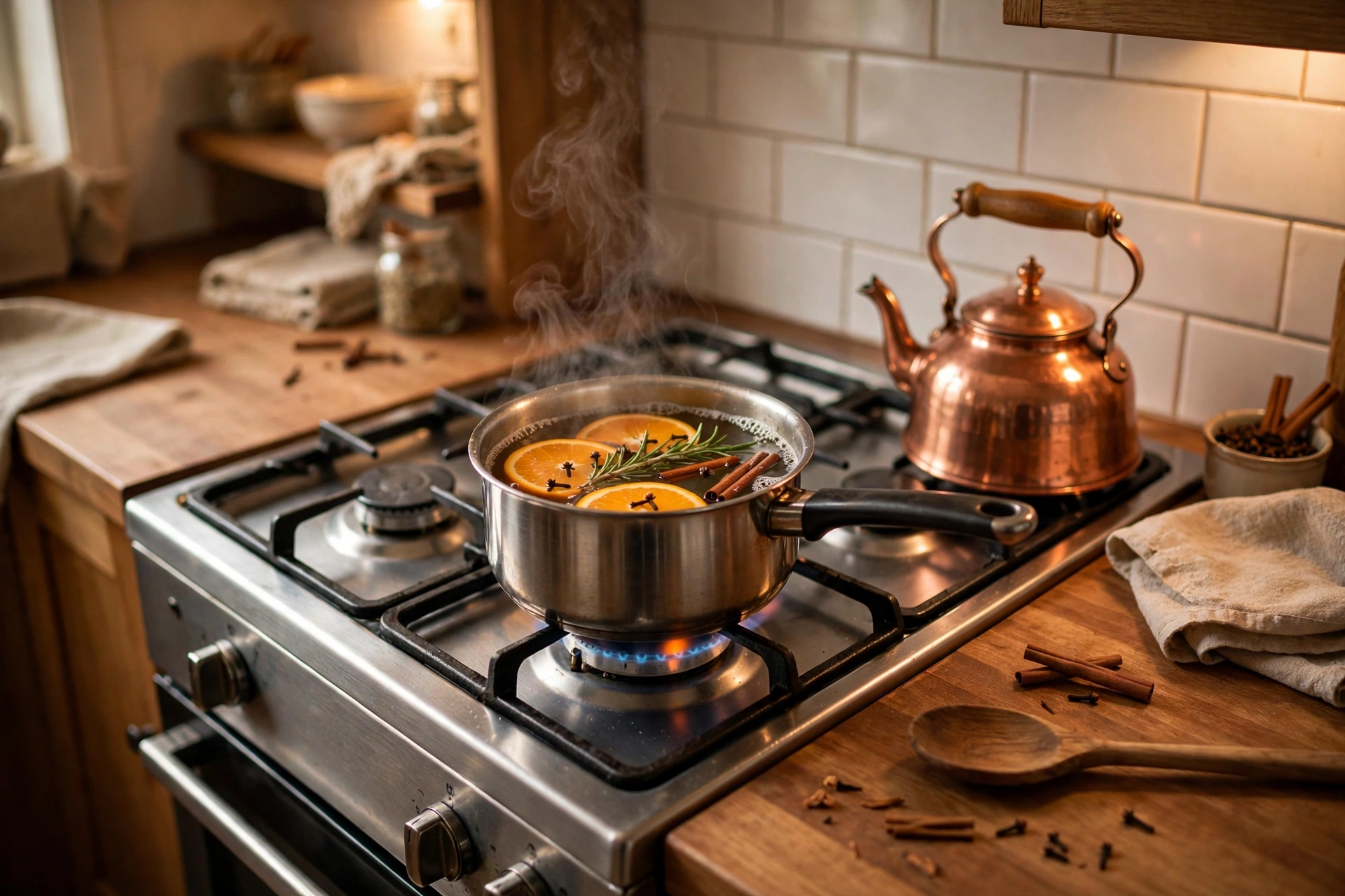 Stovetop simmer pot with orange slices, cinnamon sticks, cloves and rosemary
