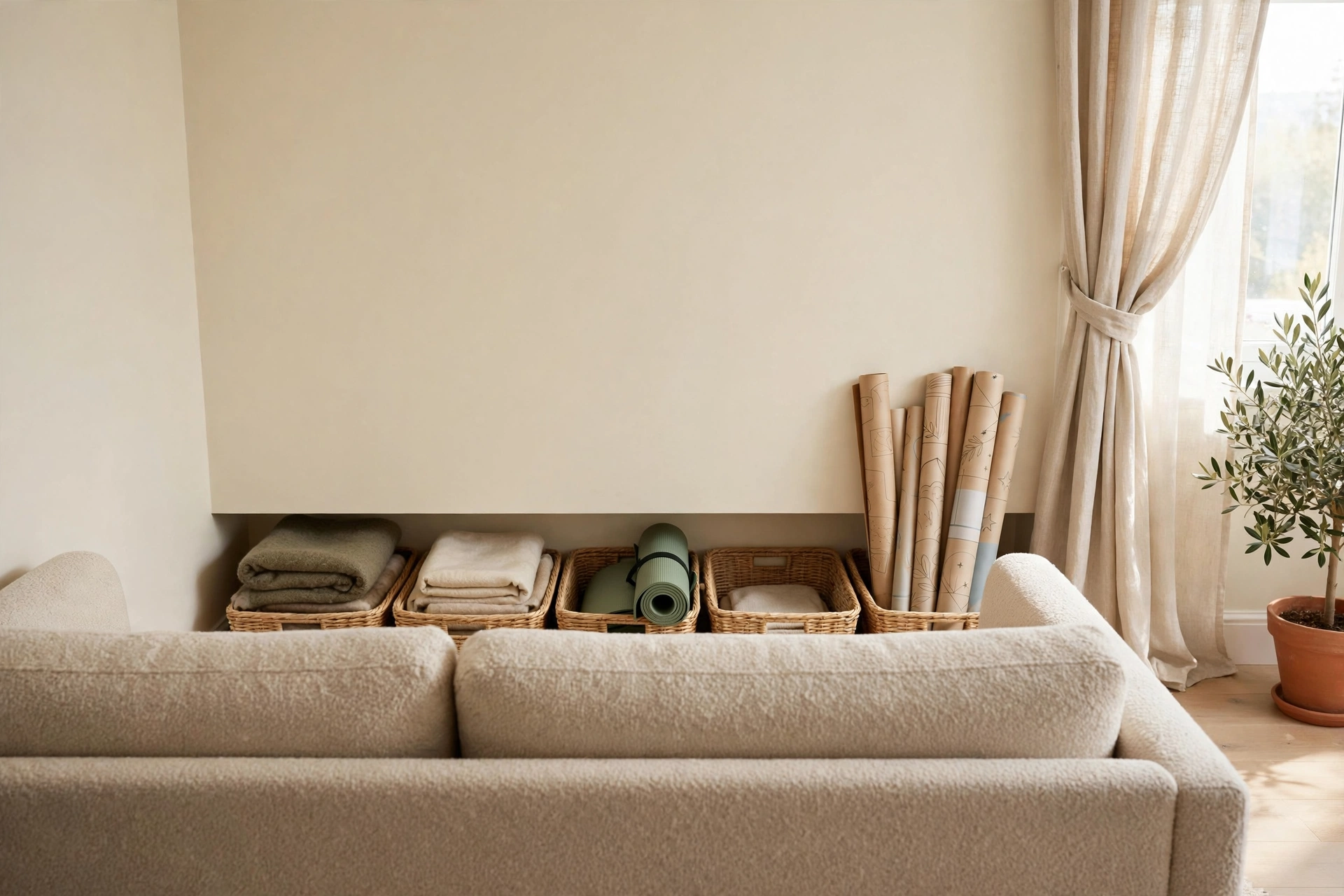 Hidden row of baskets in the gap behind a floated sofa holding blankets and a yoga mat