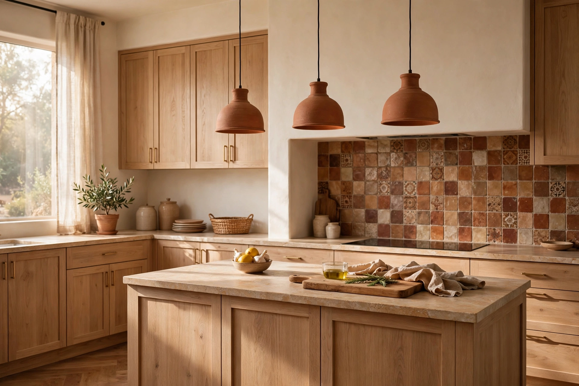 Warm kitchen with oak cabinets, terracotta pendant lights and earthy backsplash