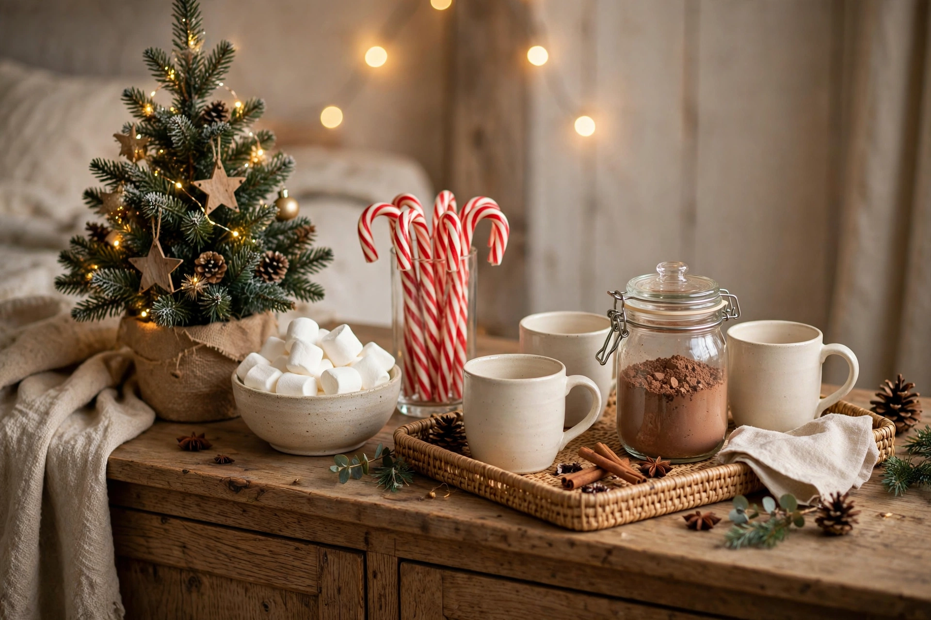 Hot cocoa station tray on a sideboard with mugs, marshmallows and candy canes