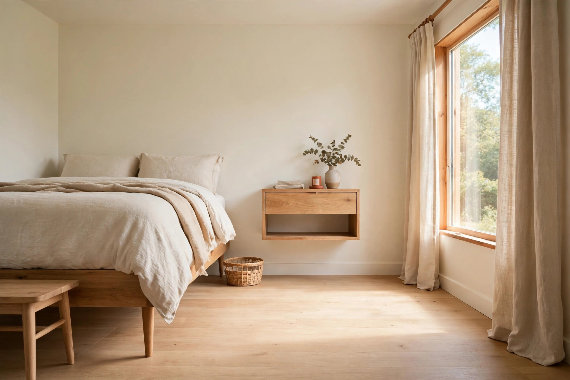 Low view of a small bedroom showing visible floor, furniture on legs and a wall-mounted nightstand